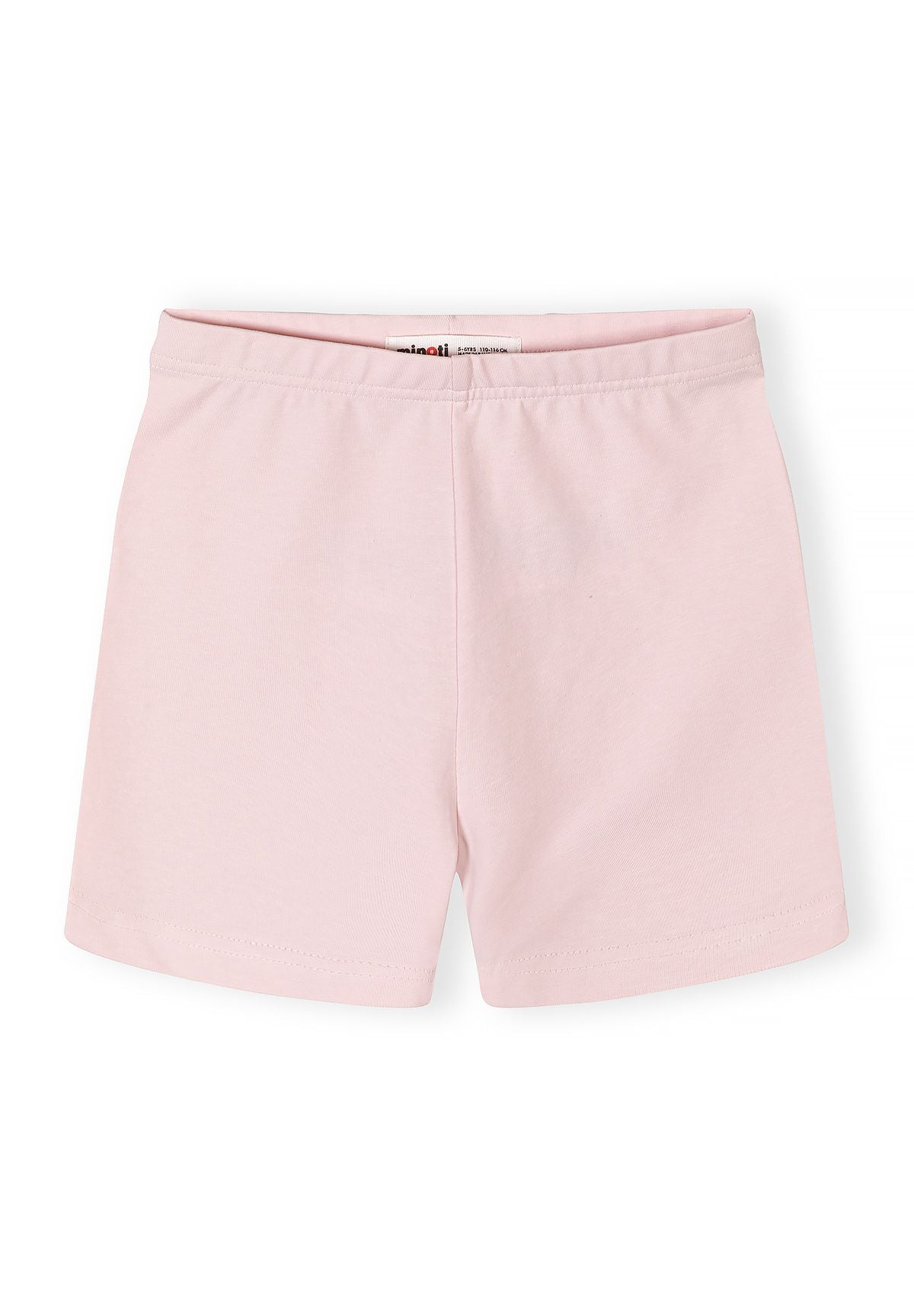 Yellow, pink, teal and light pink t-shirt and shorts sets, light pink shorts front.