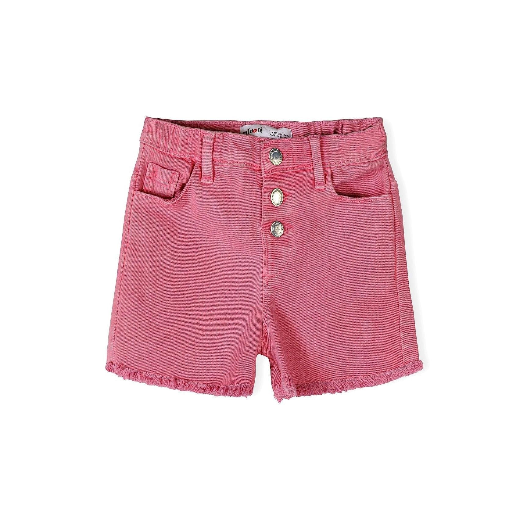 Front view of pink cotton twill shorts with button-front closure and frayed hem on white background