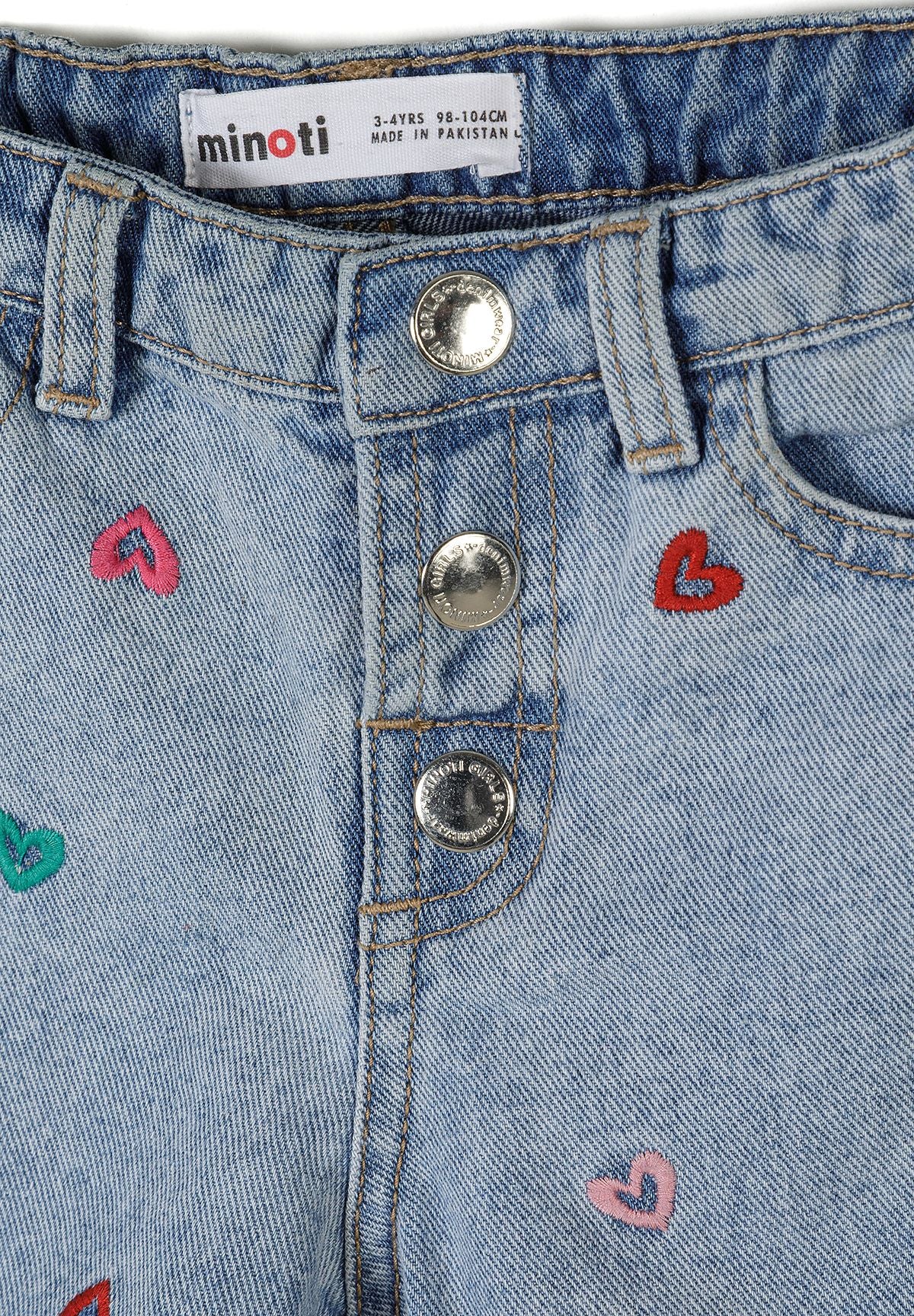Denim Shorts, Heart Embroidery, Light Blue - 3