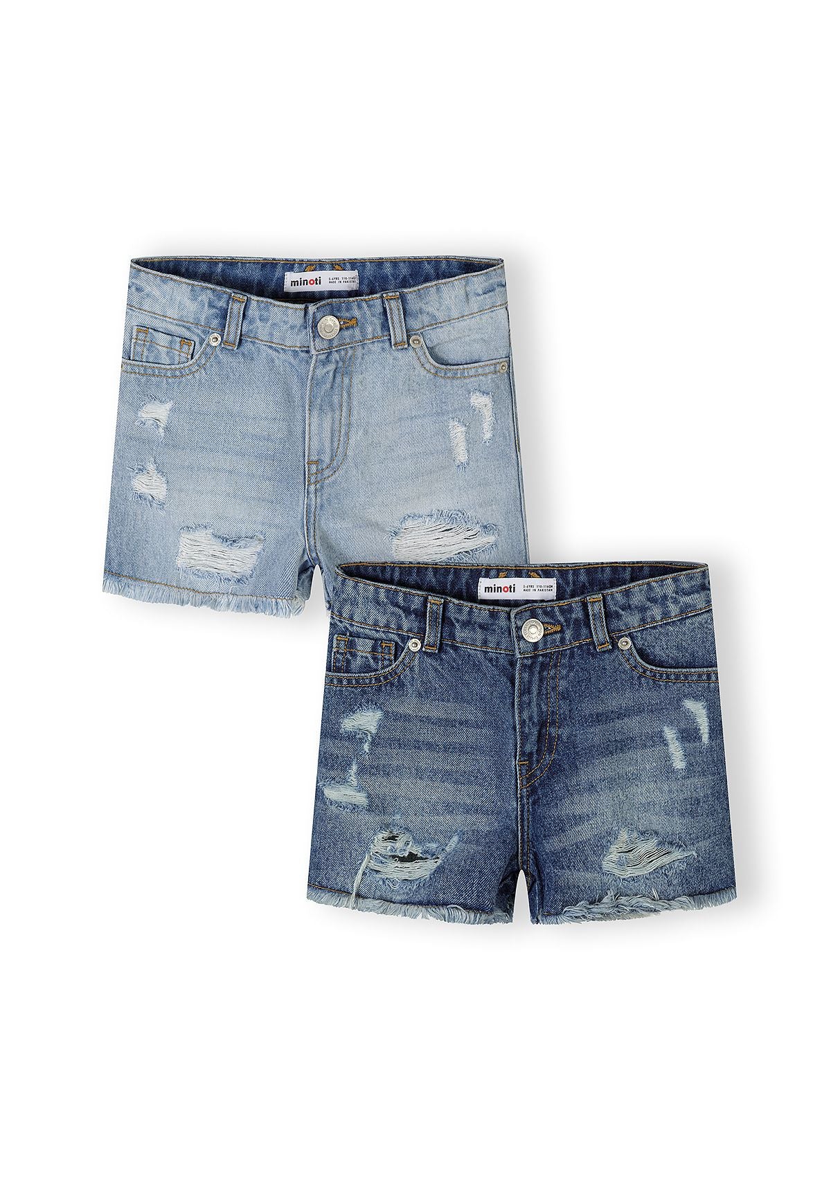 Back view of light blue denim shorts laid flat showing frayed hem, pockets, and Minoti brand label on waistband against white background
