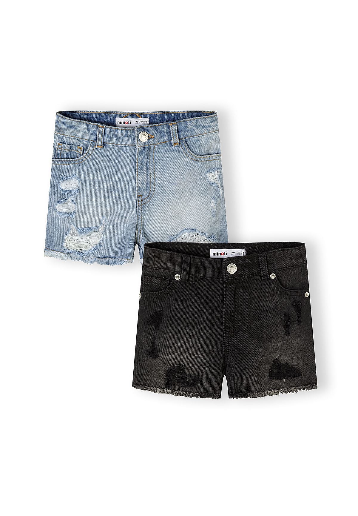 Two pairs of Minoti denim shorts displayed on white background - one light blue distressed pair with ripped details and one black distressed pair with frayed hems