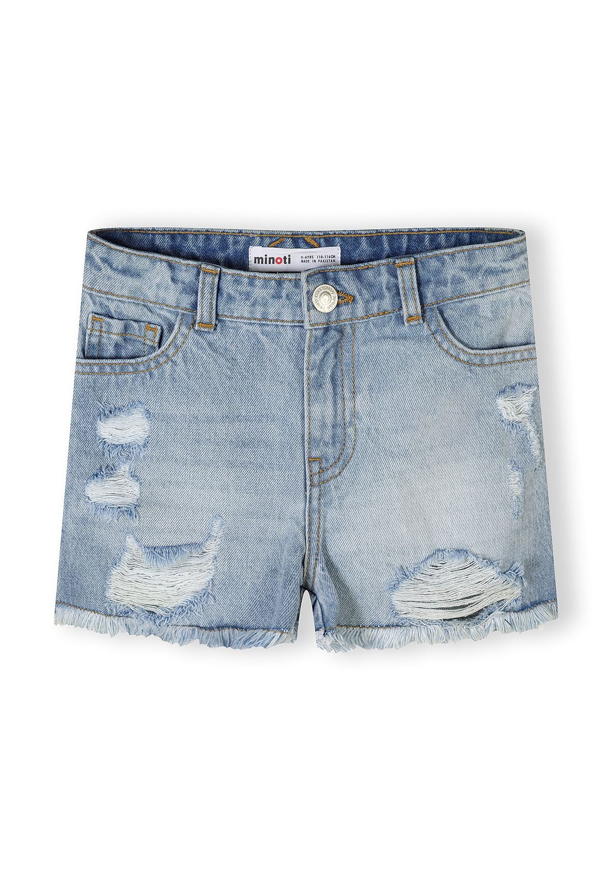 Close-up view of black Minoti denim shorts showing distressed detailing, traditional five-pocket styling and frayed hem construction on white background