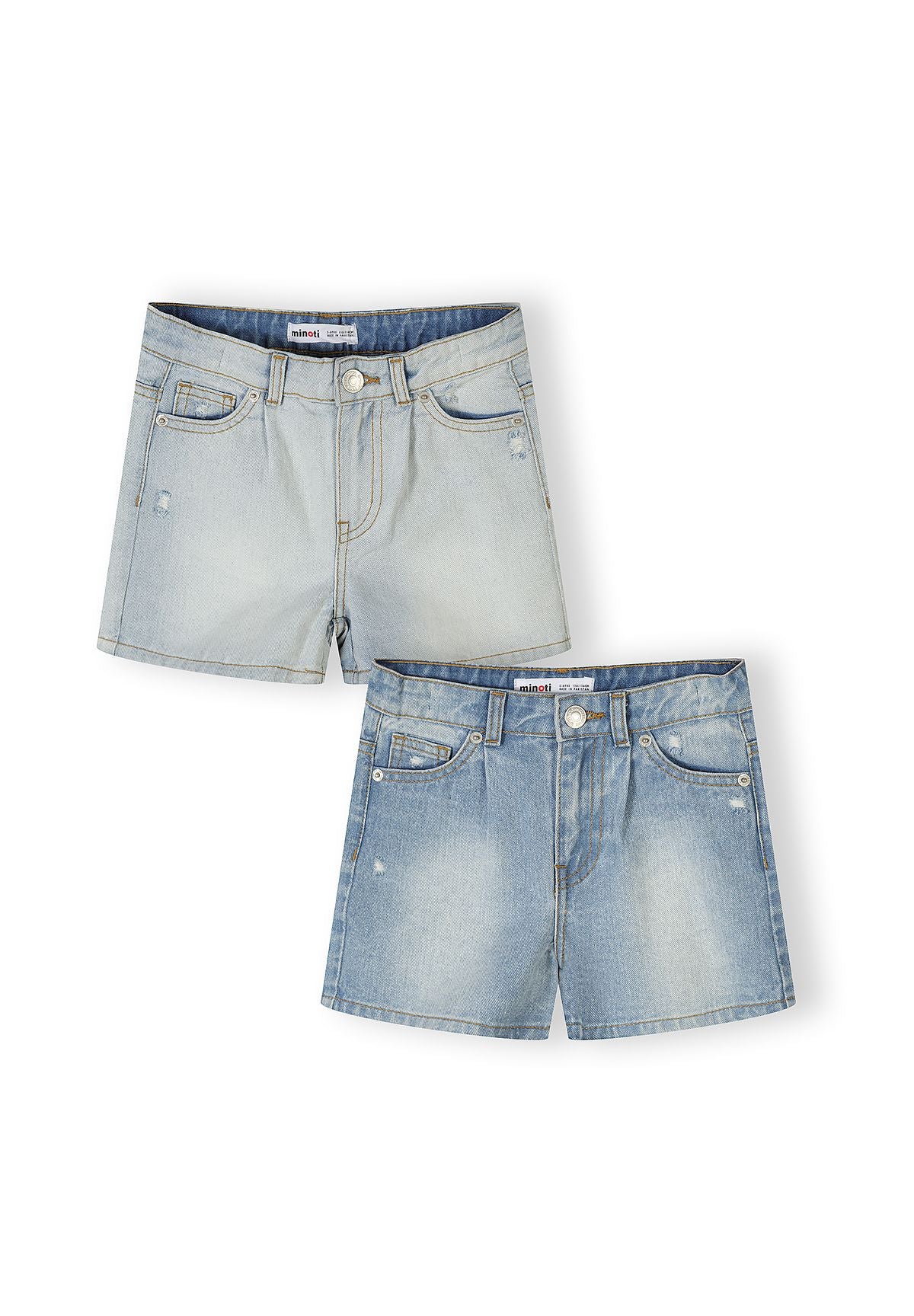 Two pairs of high-waist denim shorts displayed flat against white background, showing light blue and medium blue washes with classic 5-pocket styling