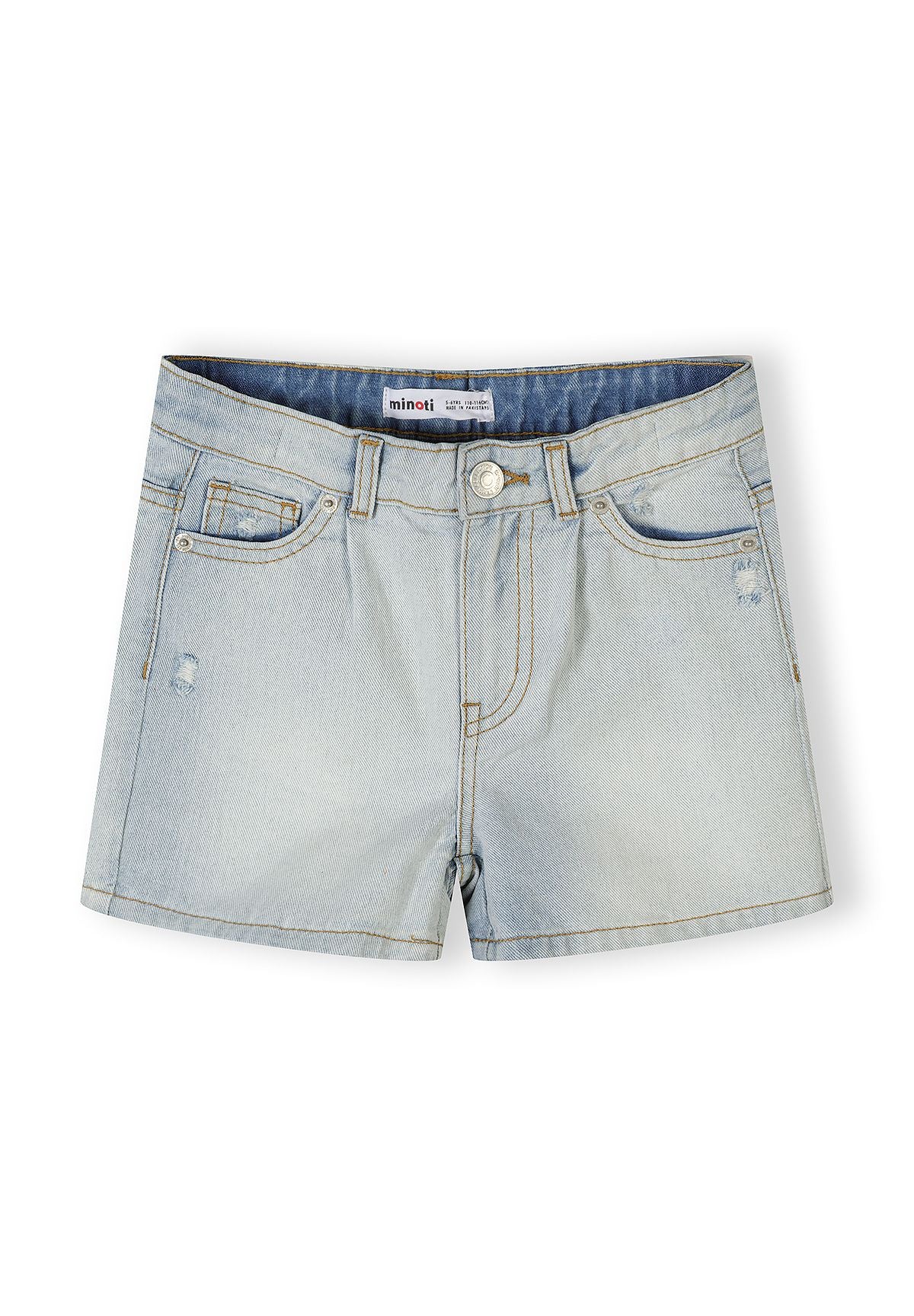 Single pair of light blue high-waist denim shorts displayed flat showing front view with button closure and classic pocket detailing