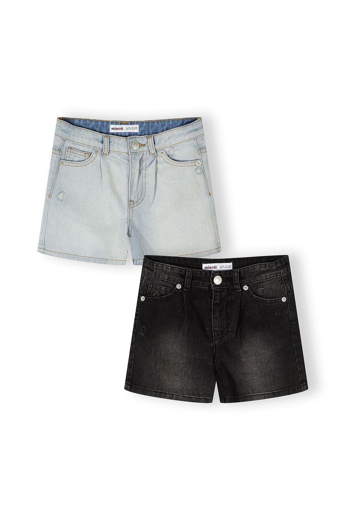 Two pairs of Minoti denim shorts displayed on white background - light blue high-waisted shorts on top and black high-waisted shorts below, both showing classic five-pocket styling with button closure and brand labels