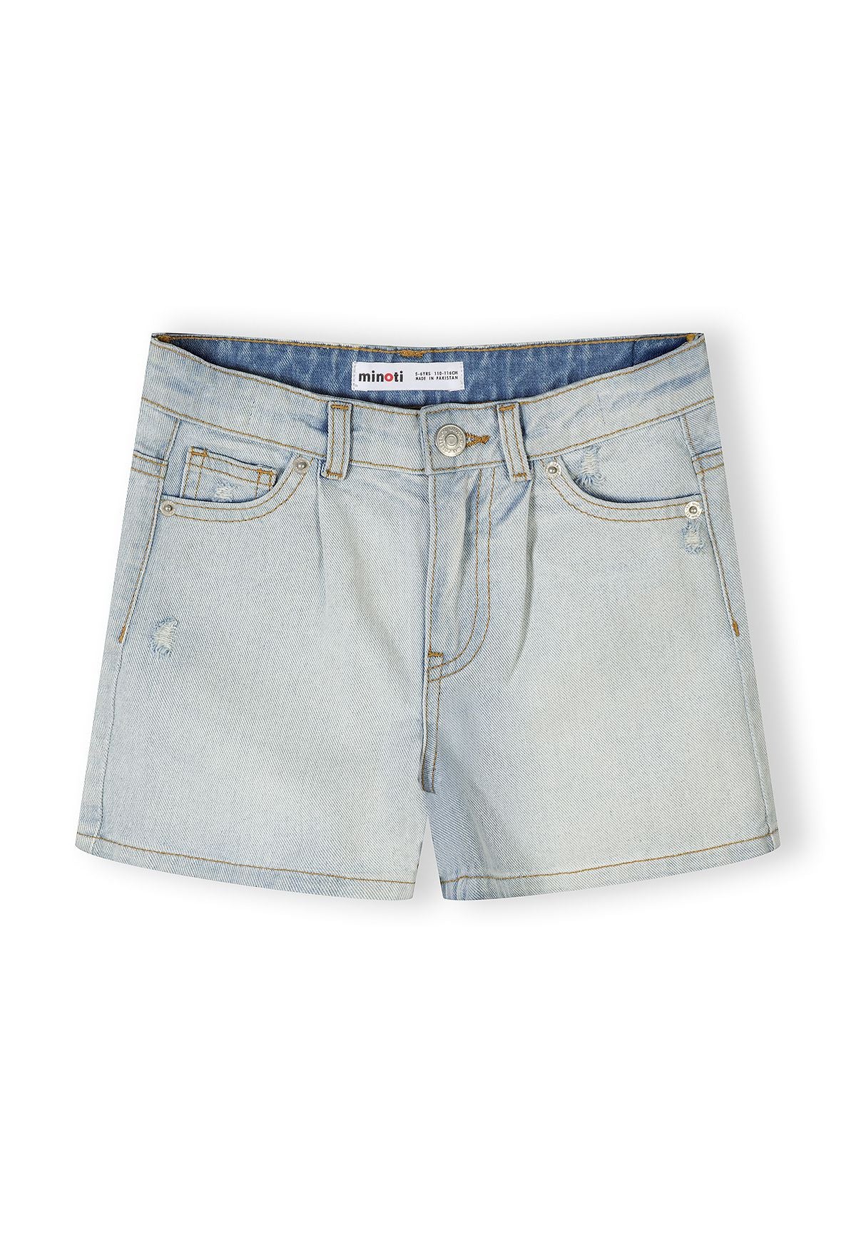 Close-up front view of black high-waisted denim shorts showing detailed five-pocket construction, silver button closure, belt loops, and white Minoti brand label at waistband