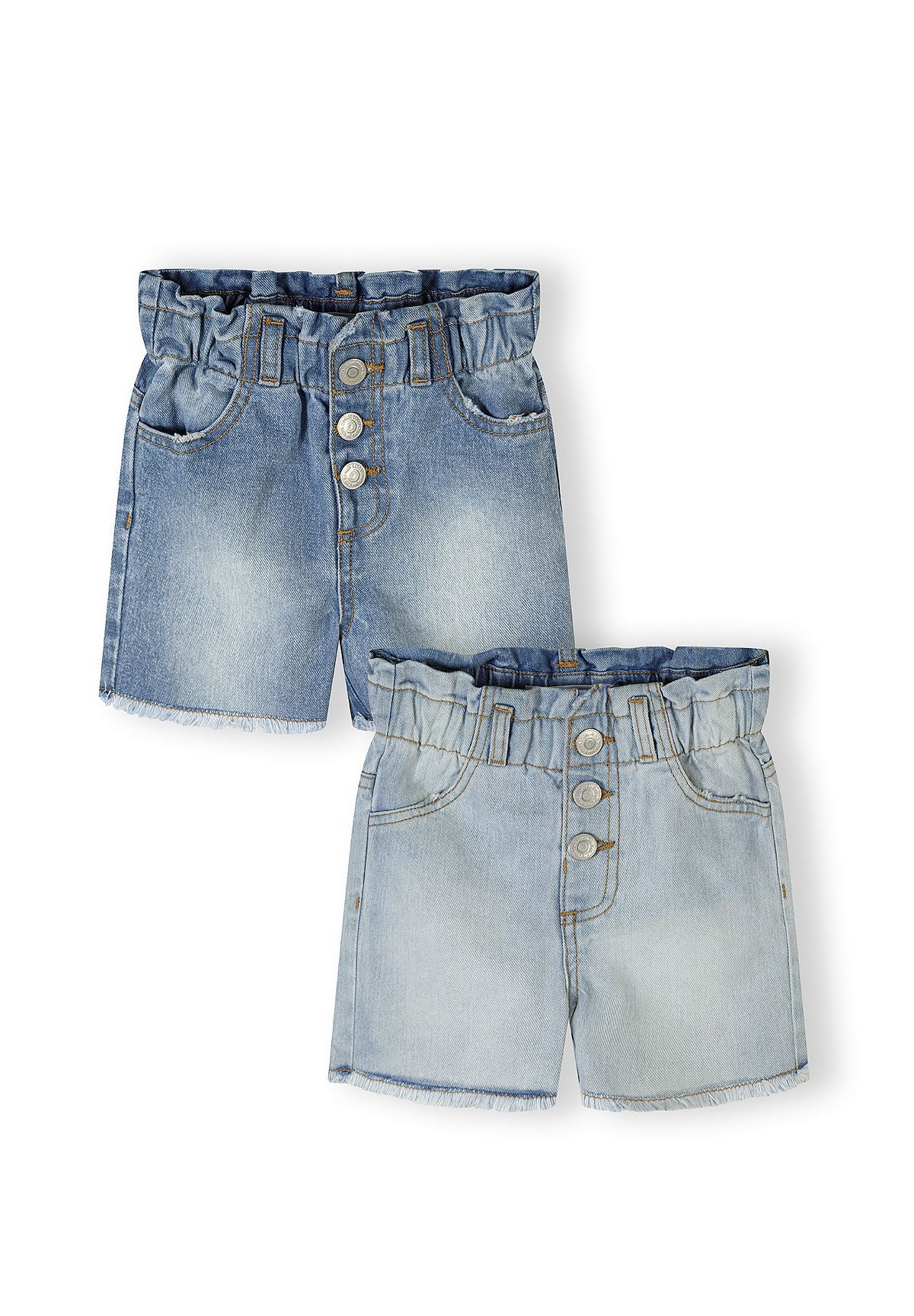 Two pairs of blue denim shorts with elasticated waistbands and button fly closures displayed against white background