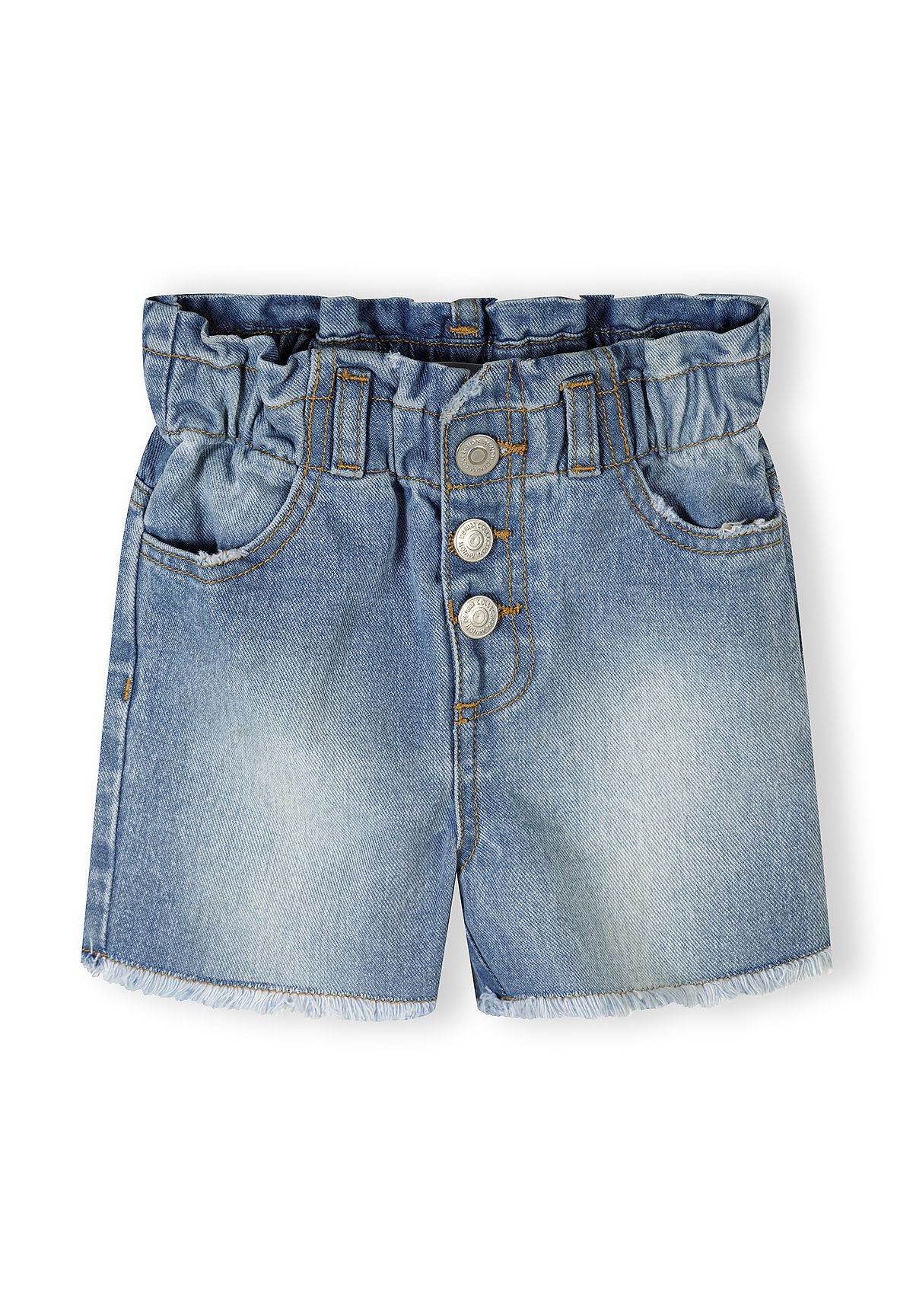 Single pair of light blue denim shorts showing elasticated waistband and button closure details on white background