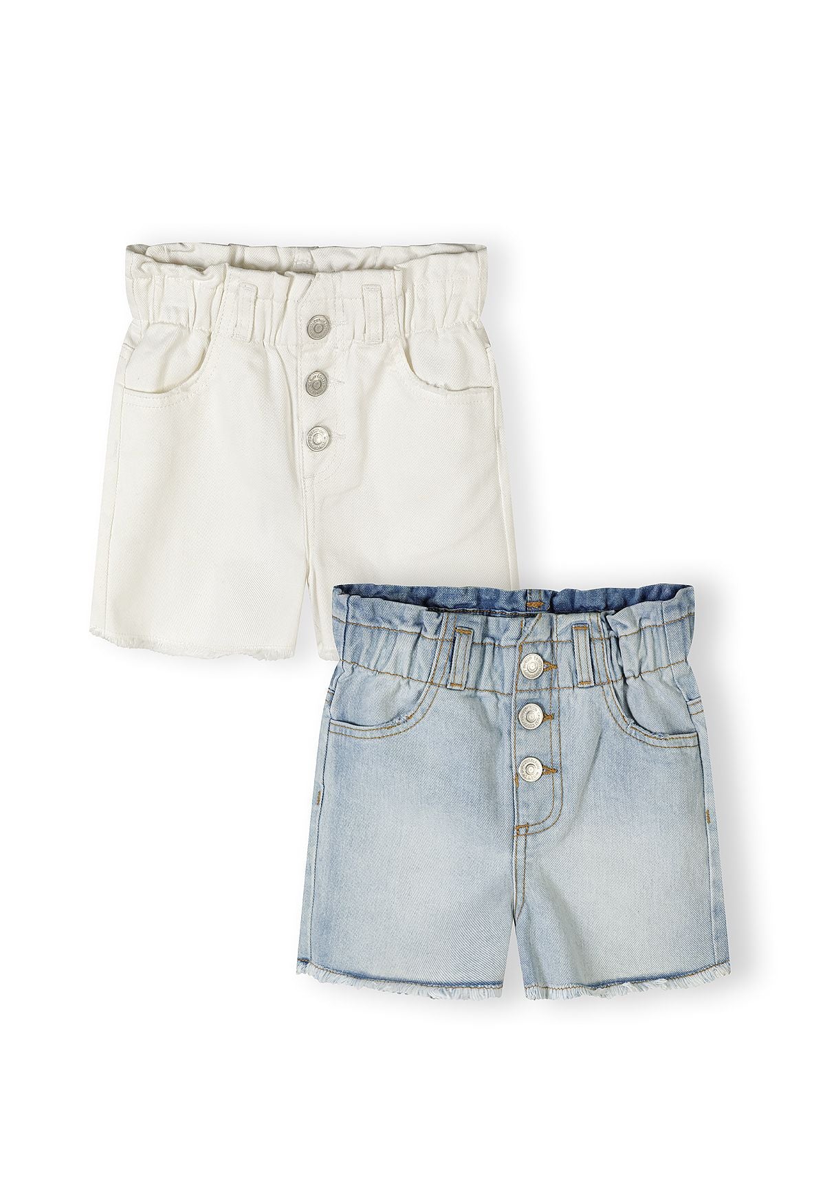 Two denim shorts on white background - one light blue with button front closure and one cream white with button detail, both featuring elasticated waistbands