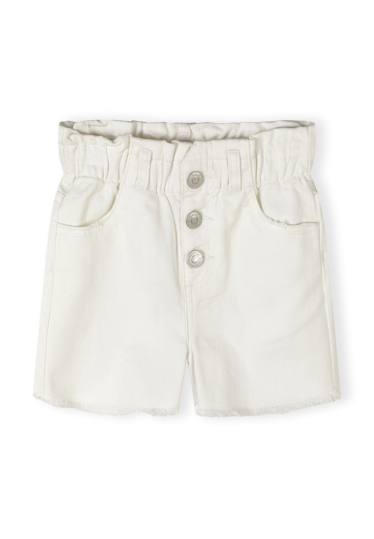 Close-up front view of light blue denim shorts with elasticated waistband, three button closure and classic five-pocket styling on white background