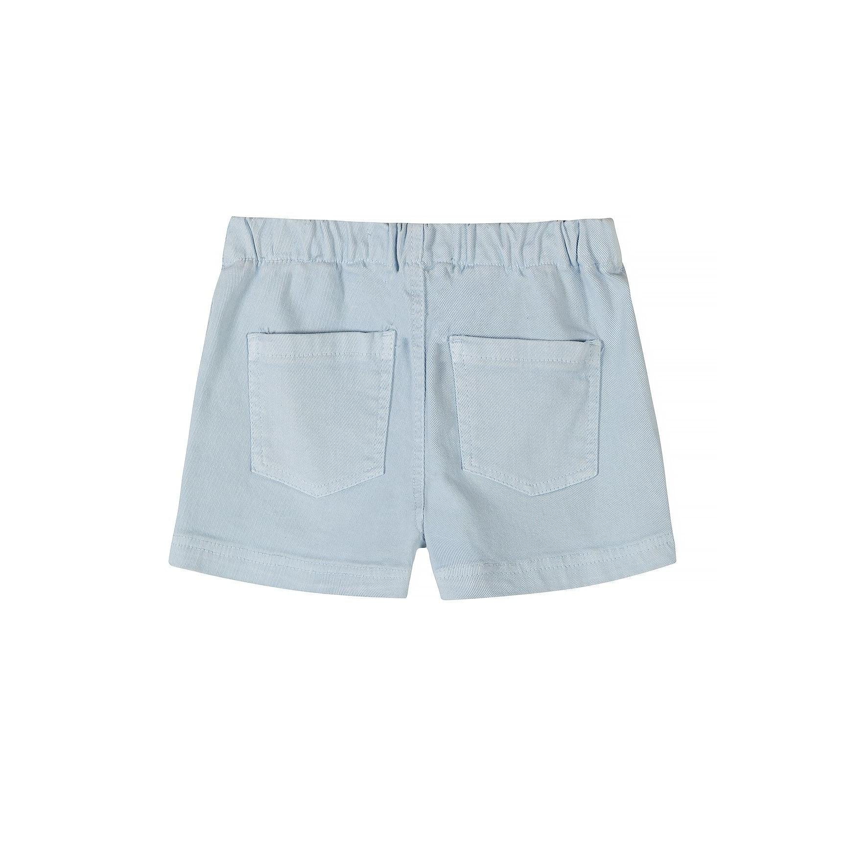 Detail shot of light blue twill shorts showing white cotton drawstring ties, metal button fastening, and fabric texture on white background