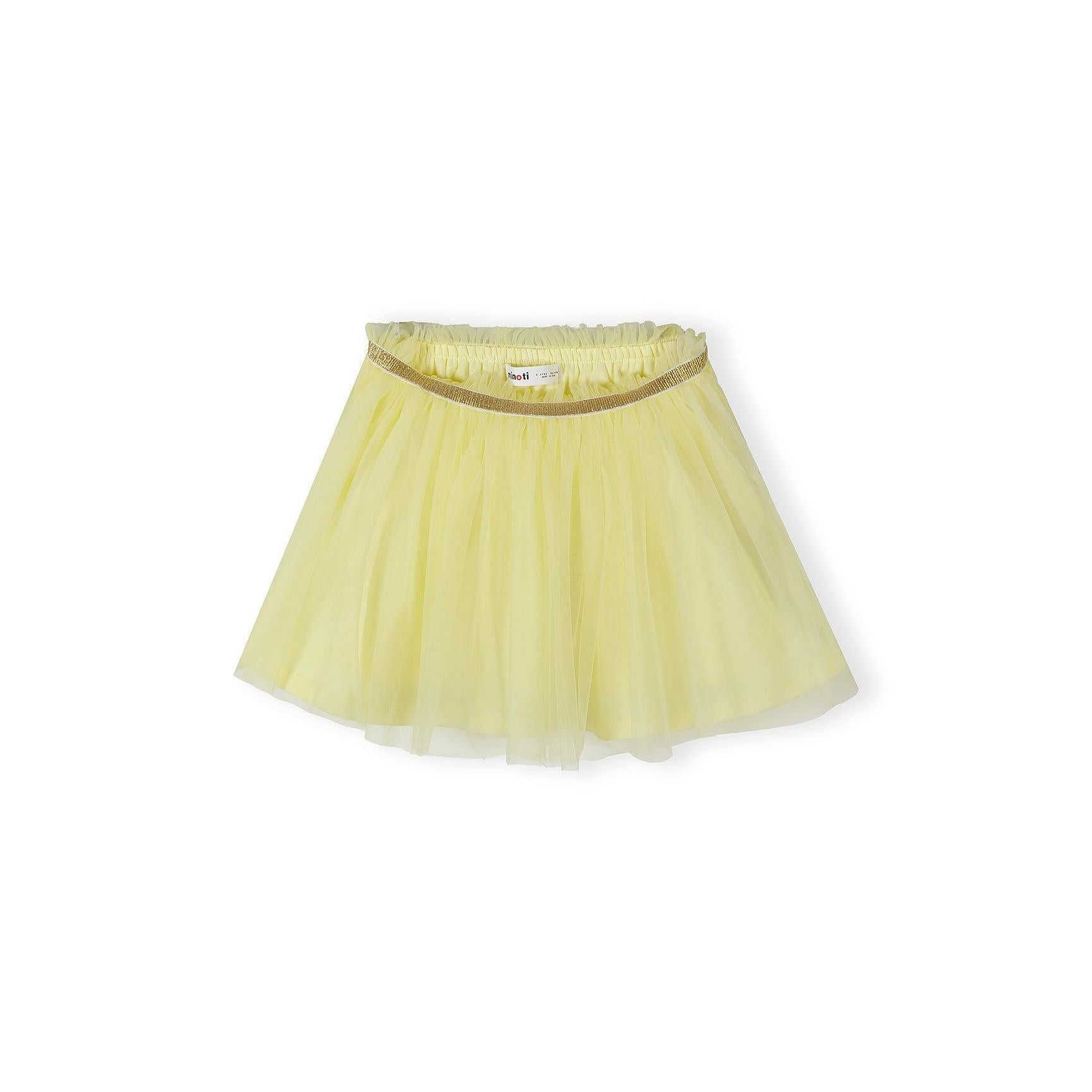 Light yellow tulle skirt laid flat showing soft mesh layers and gold metallic waistband trim against white background