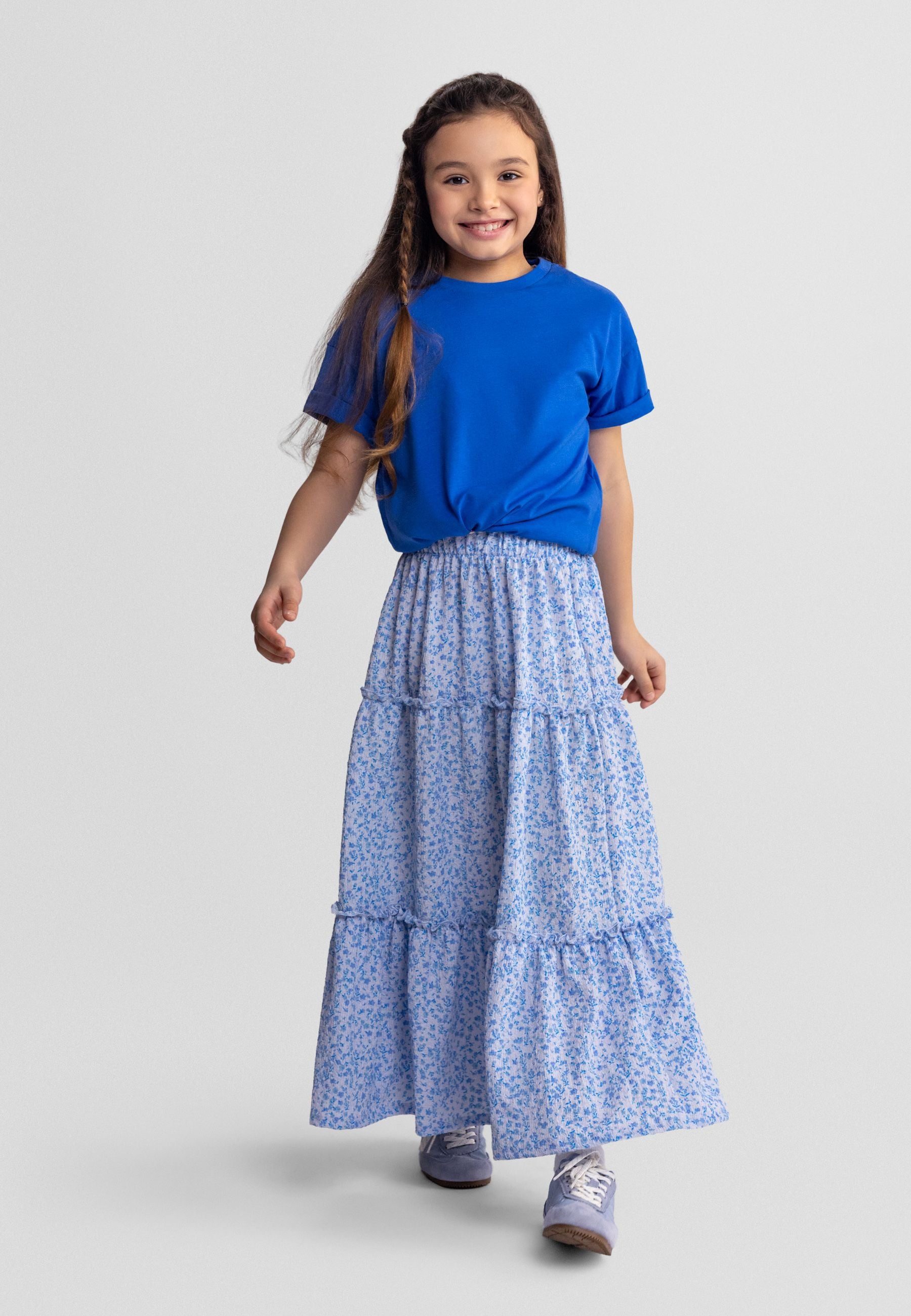 Tiered Maxi Skirt, Blue Floral - 1