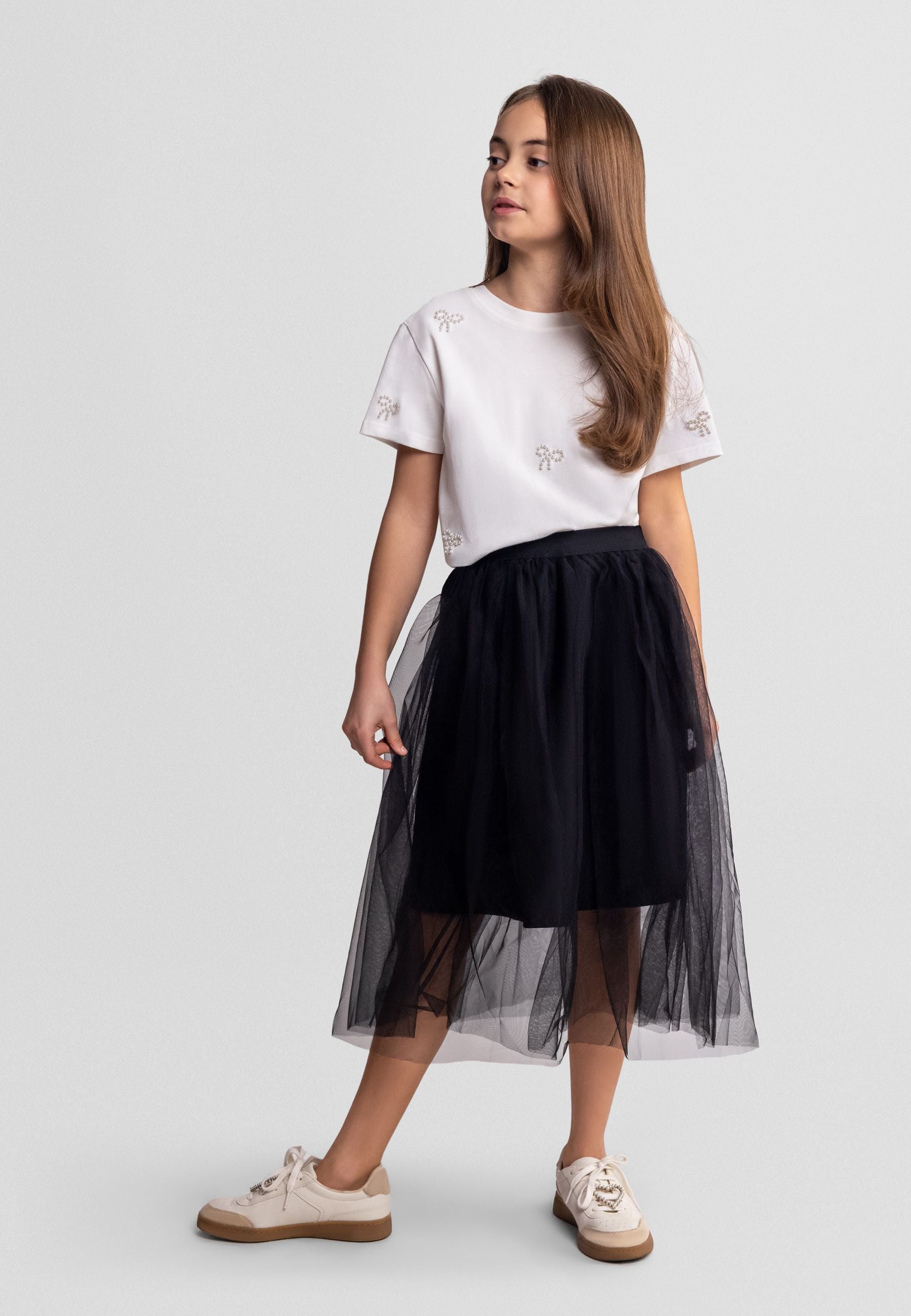 Pleated Tulle Maxi Skirt, Black - 1