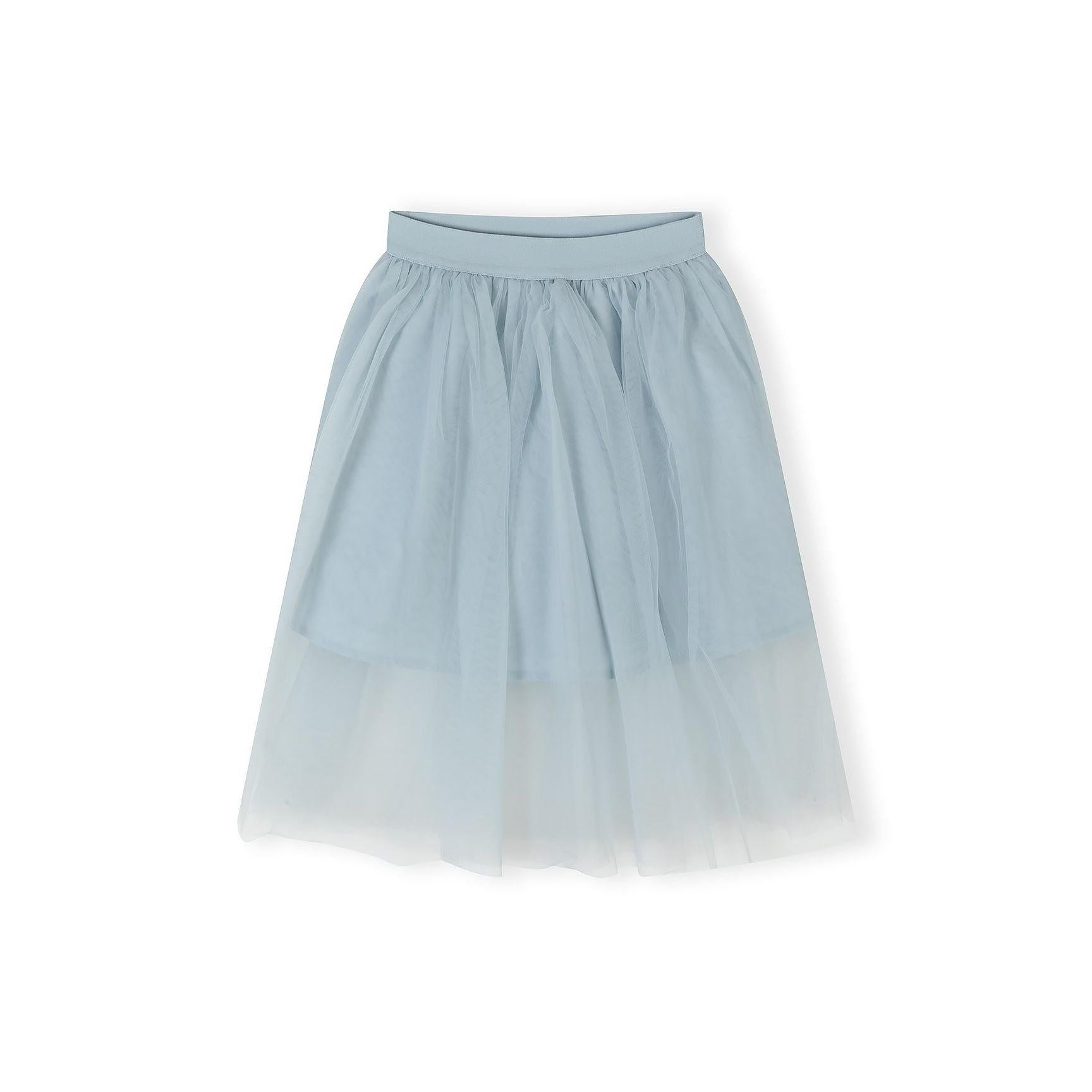 Close-up flat lay of grey pleated tulle maxi skirt showing the full silhouette and pleated texture against white background