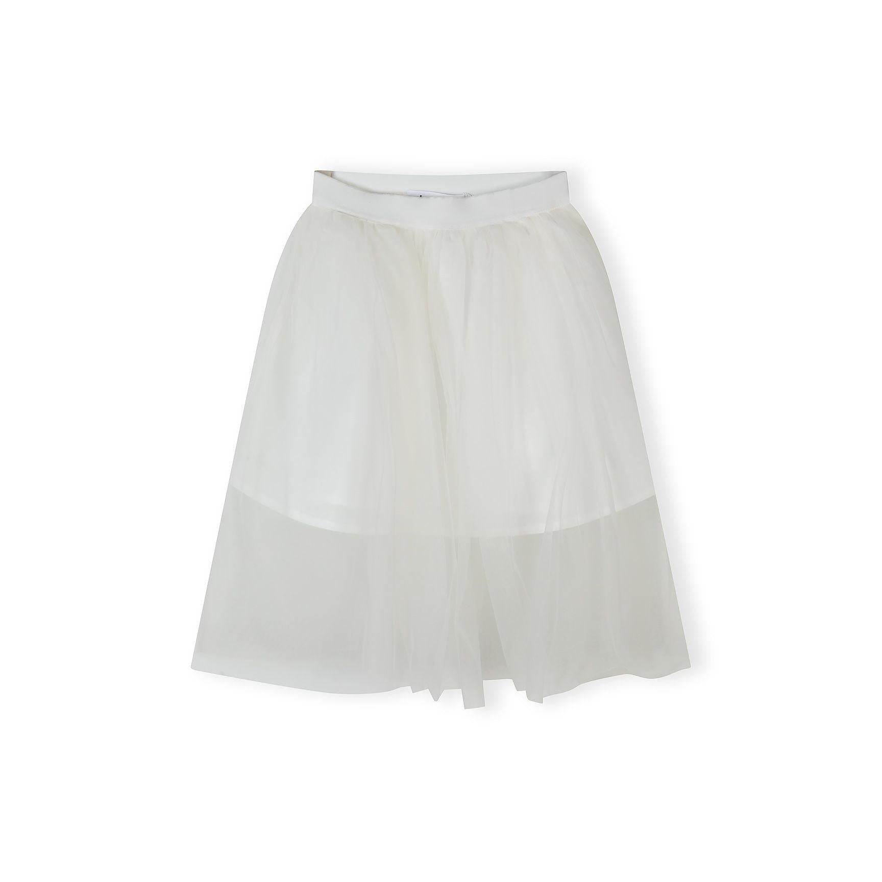 Close-up detail of off white pleated tulle fabric showing fine texture and elastic waistband construction