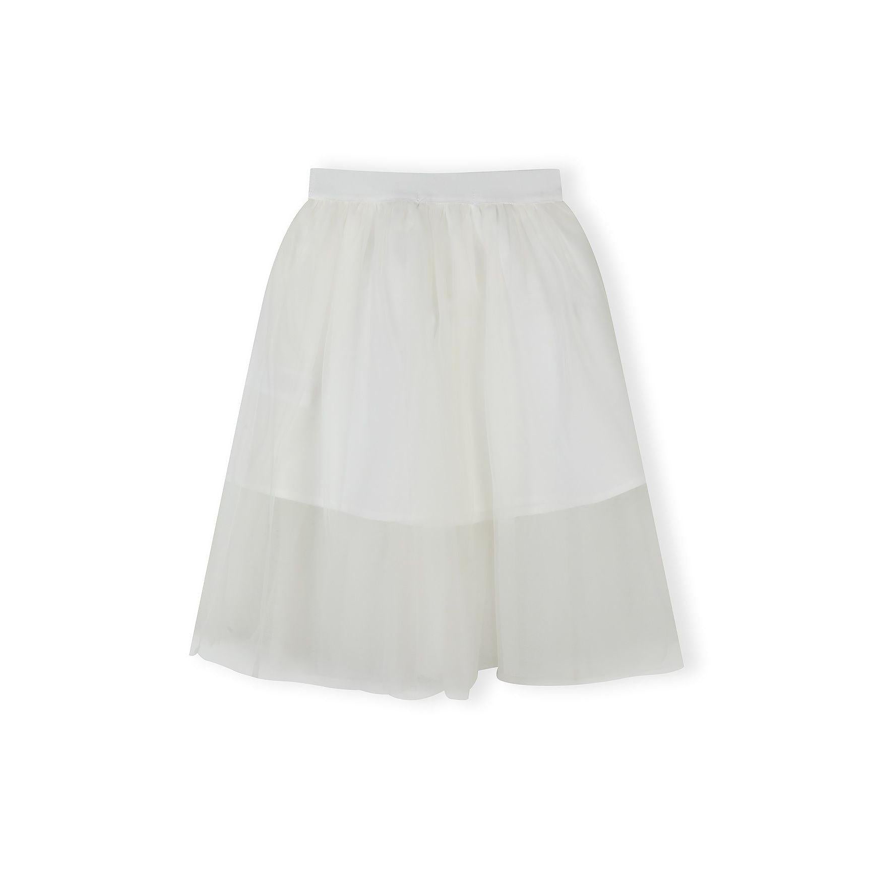 Close-up detail of off white pleated tulle fabric showing fine texture and elastic waistband construction