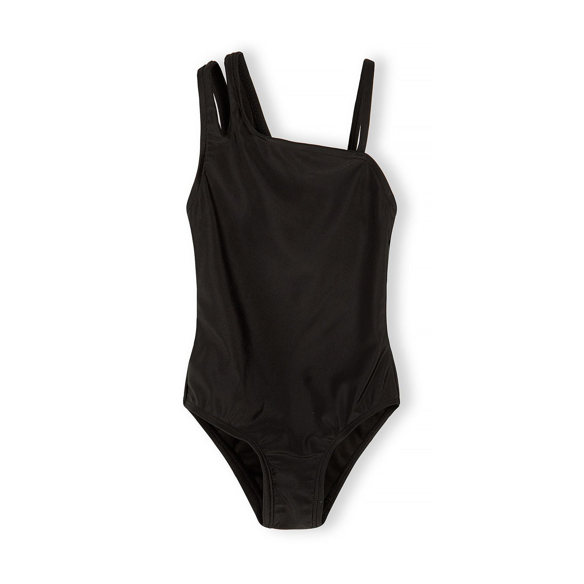 Girls' asymmetric swimsuit in black — complete product view for square Shop card