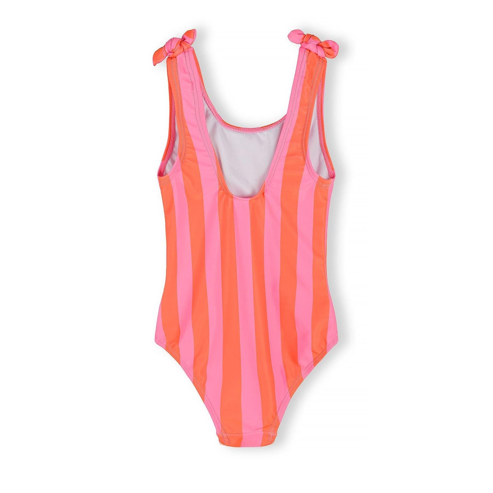 Back view of pink and coral striped swimsuit showing tie straps and open back design against white background