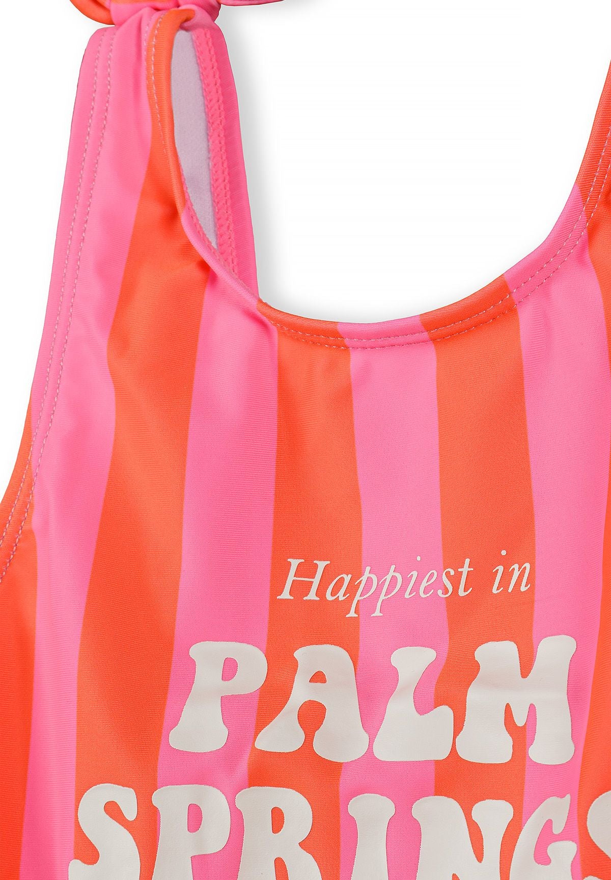 Striped Swimsuit, Pink Coral, Bow Shoulder Ties - 3