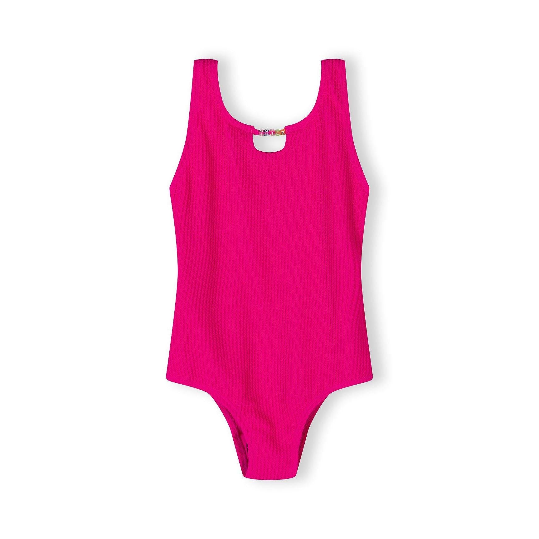 Hot pink ribbed swimsuit with pearl detail at scoop neckline shown flat against white background