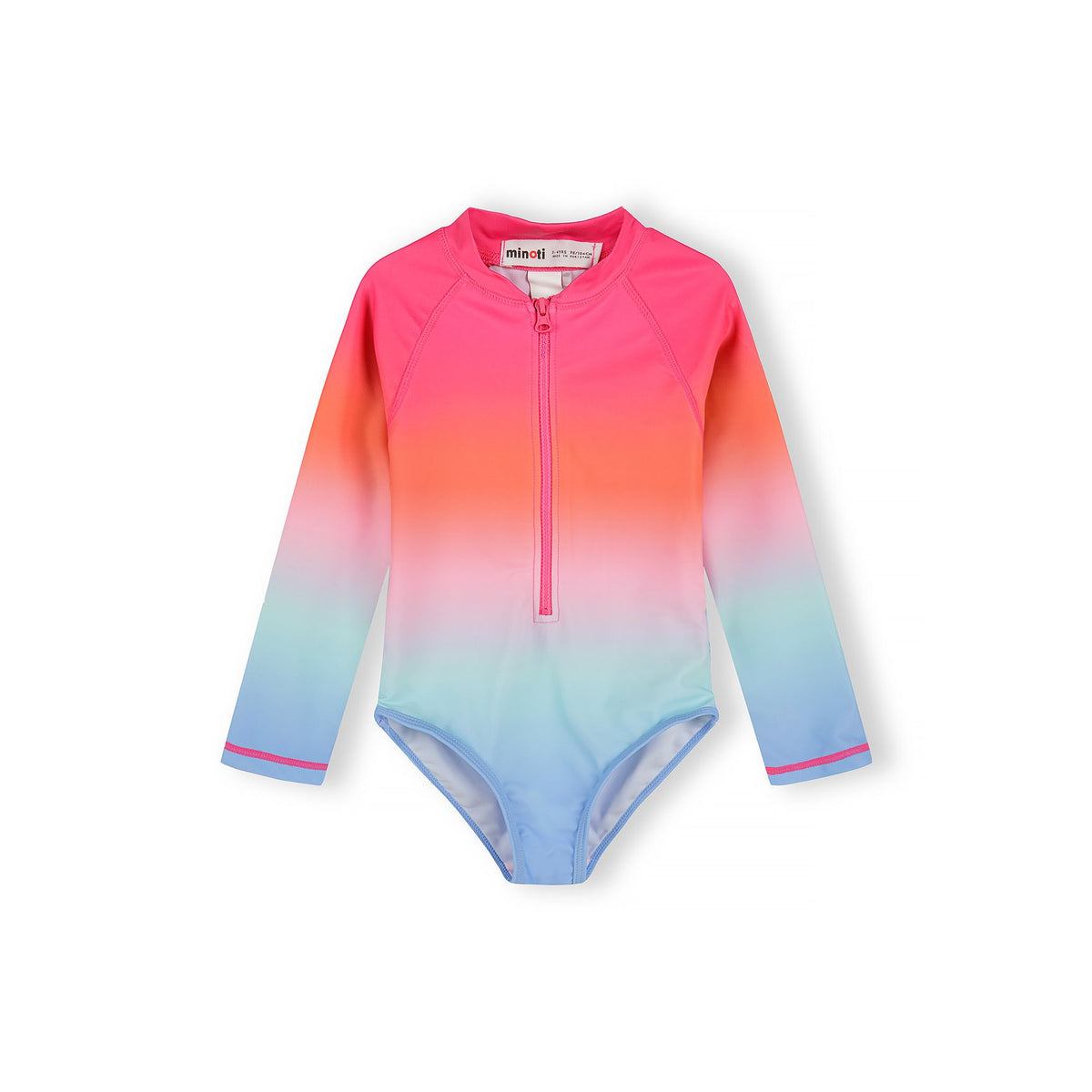 Girls' long-sleeved swimsuit in pink, orange and pale blue — complete product view for square Shop card