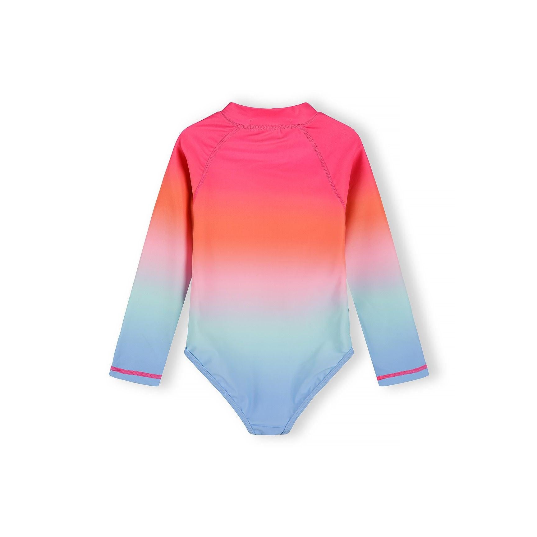 Back view of ombre swimsuit showing pink to blue color transition and raglan sleeve construction on white background
