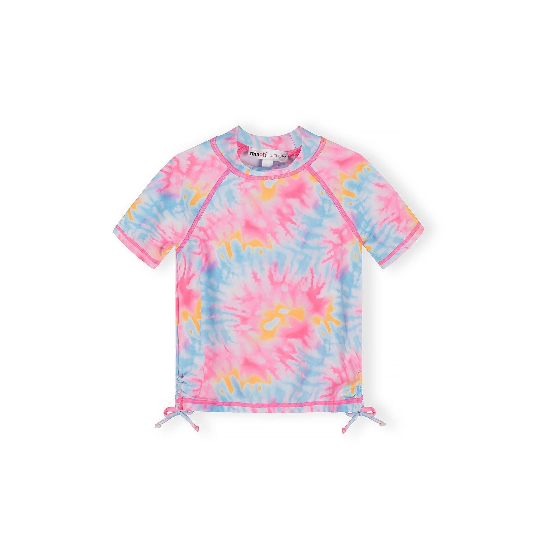 Close-up front view of tie-dye sleeveless rash vest in pink and blue swirl pattern with contrasting pink binding around armholes and neckline