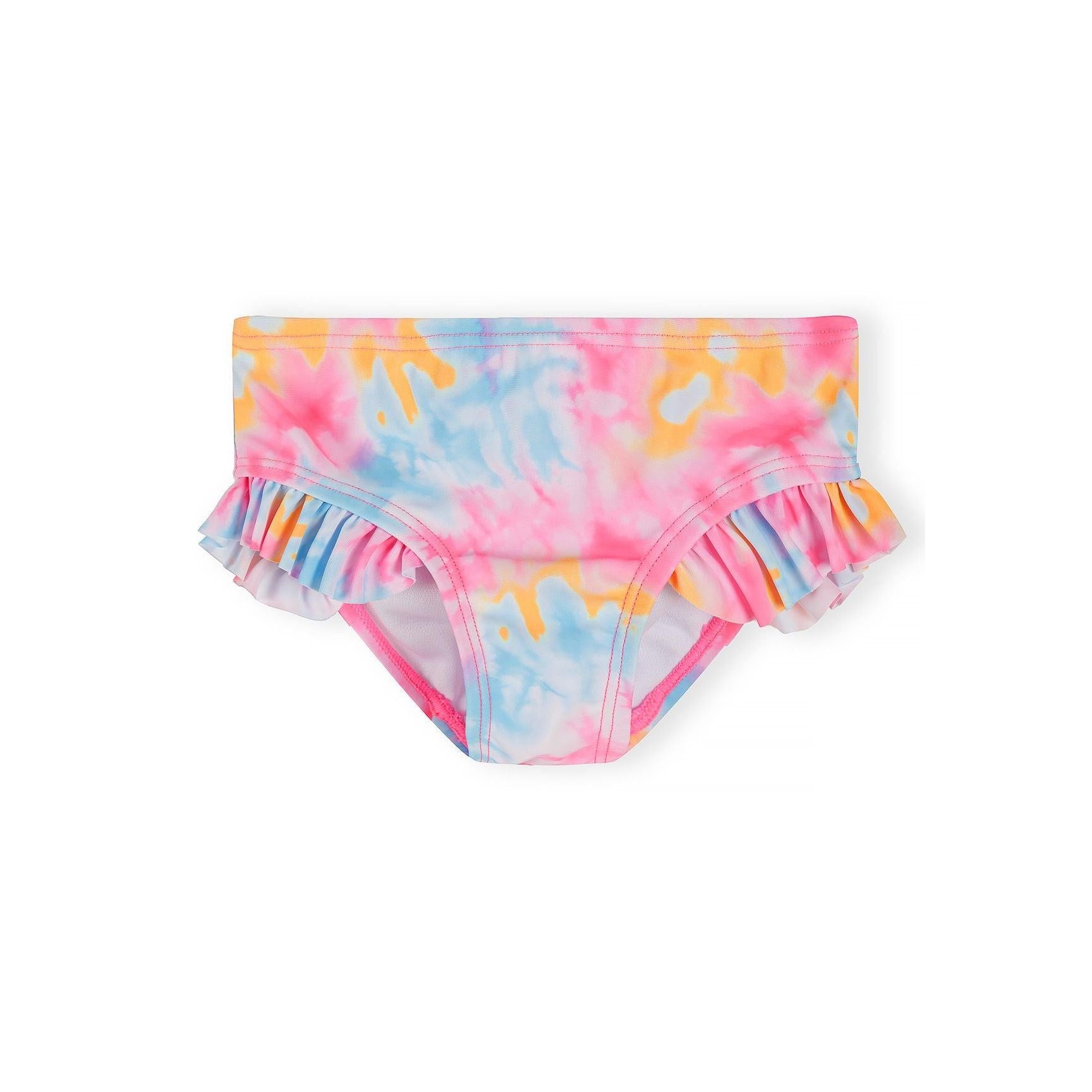 Tie-dye bikini bottom with ruffled side details in matching pink and blue pattern, shown from back view on white background