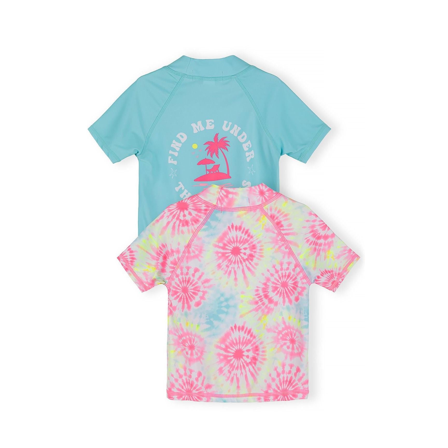 Close-up detail of aqua blue swim t-shirt showing small white palm tree embroidered logo on chest area