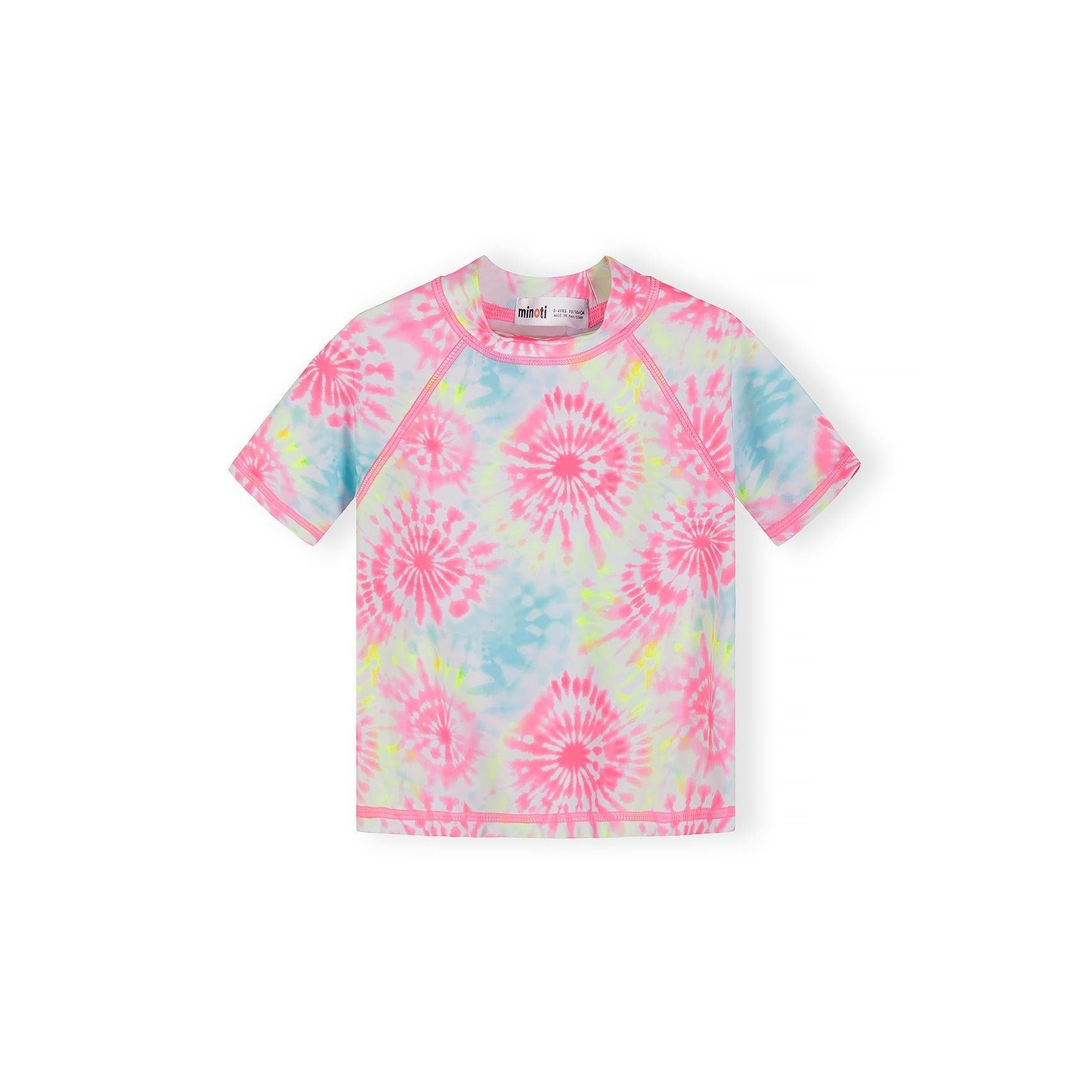 Close-up detail of aqua blue swim t-shirt showing small white palm tree embroidered logo on chest area