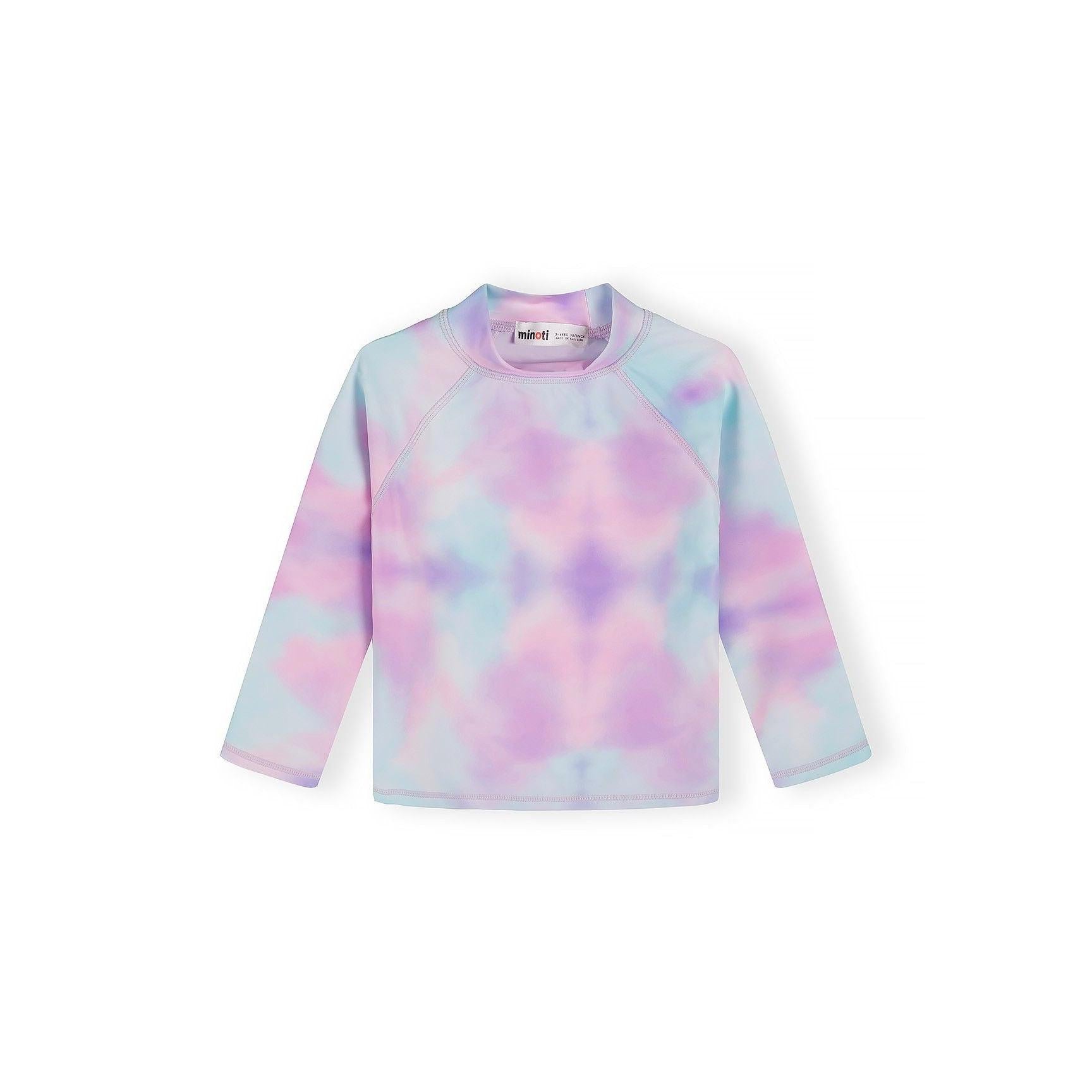 Close-up detail of pastel tie-dye fabric texture showing pink, purple and mint color blend in swim t-shirt material