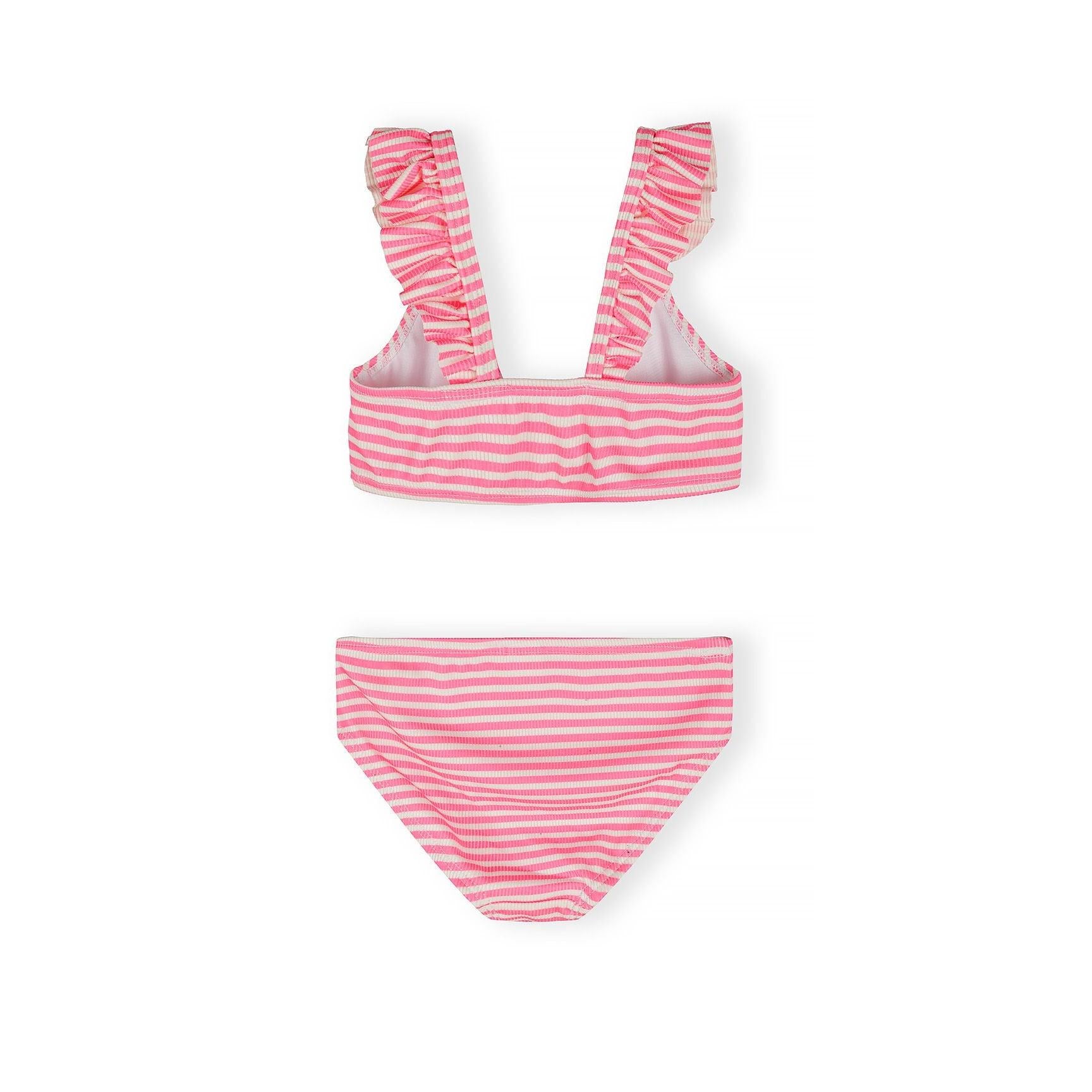 Detail shot of bright orange textured bikini top showing decorative raised dot pattern fabric and ruffle trim on shoulder strap against white background