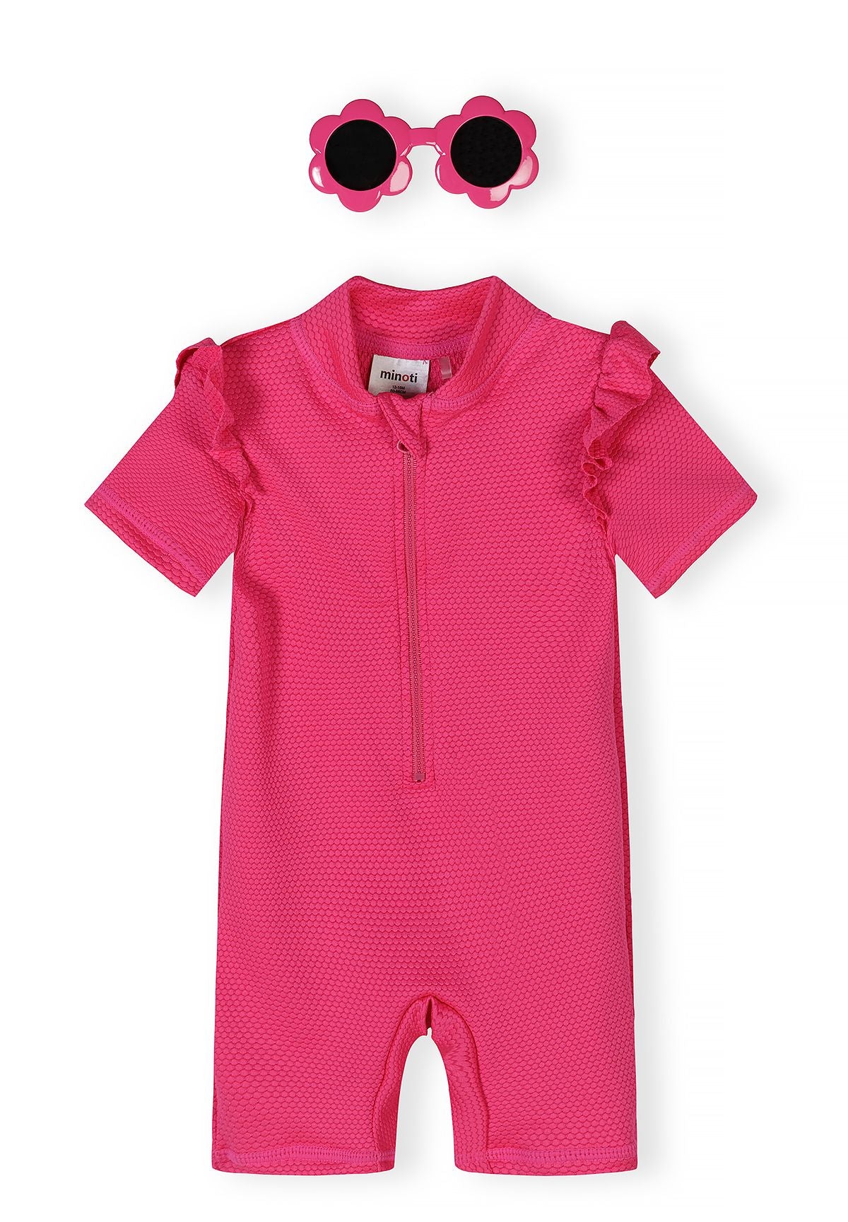 Ruffle Sleeve Rash Suit, Pink, Textured - 1