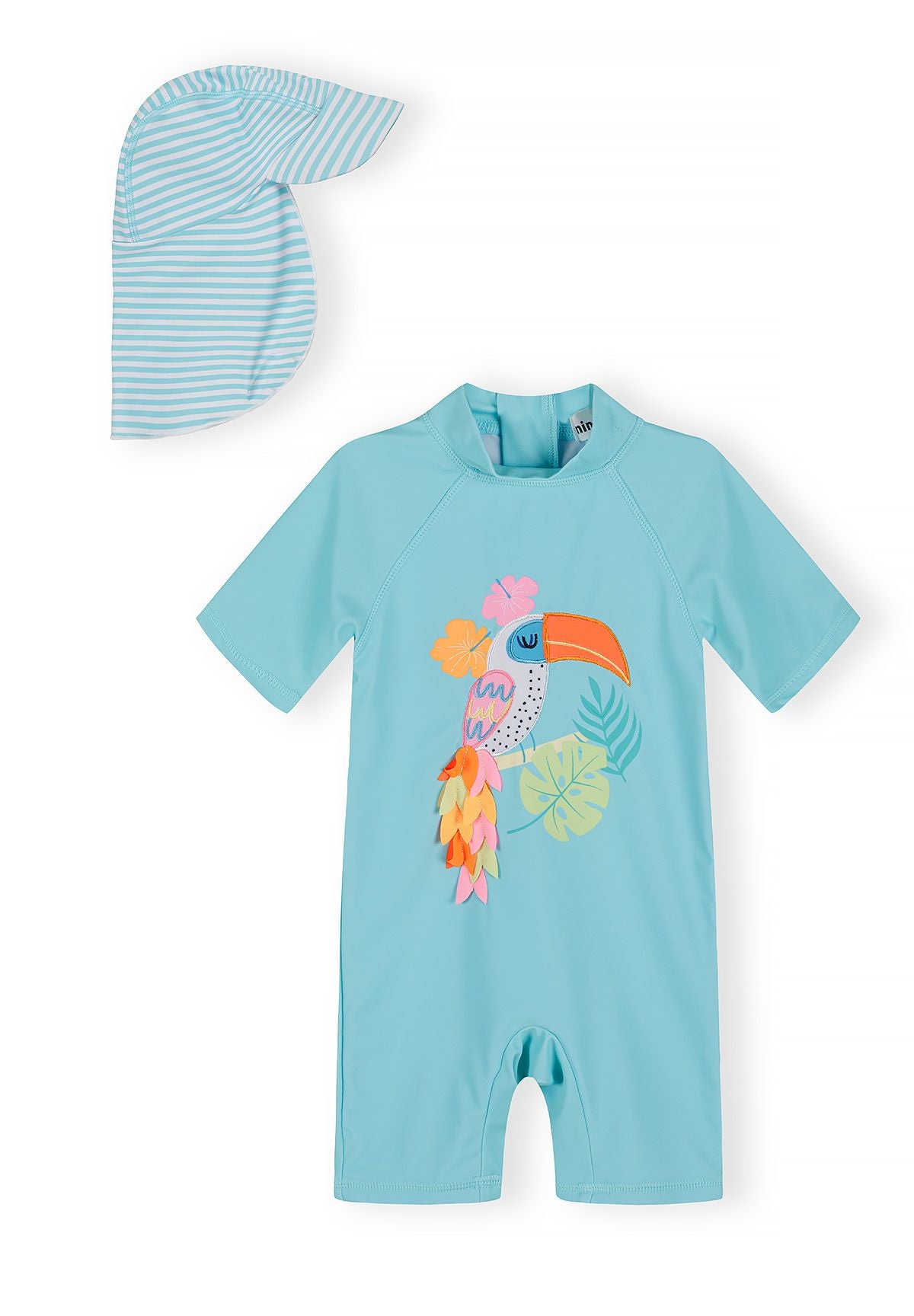 Swimsuit with Sun Hat, Toucan Print, Turquoise - 1