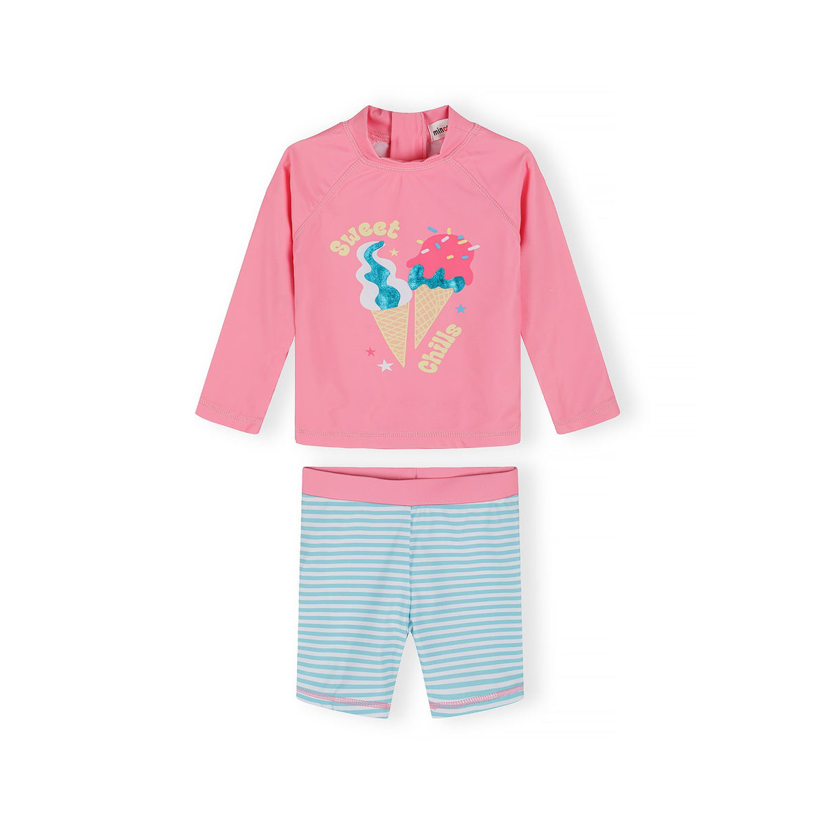Girls' rash vest and swim shorts set in pink and turquoise — complete product view for square Shop card