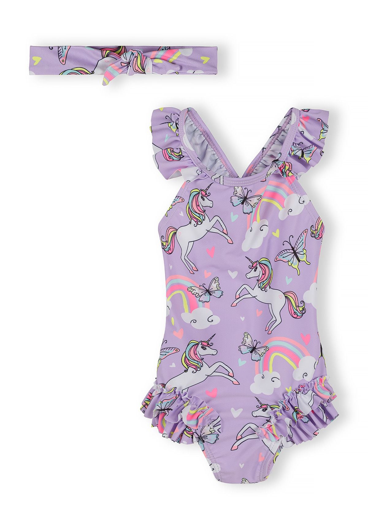 Frill Strap Swimsuit, Unicorn Print, Lilac, Headband - 1