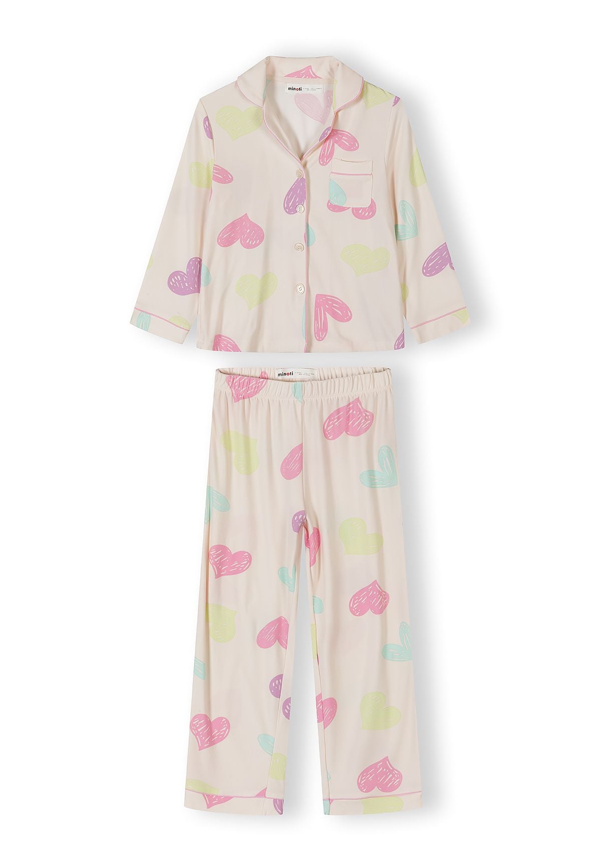 Heart Print Pyjama Set, Pink Cream, Button-Up - 1