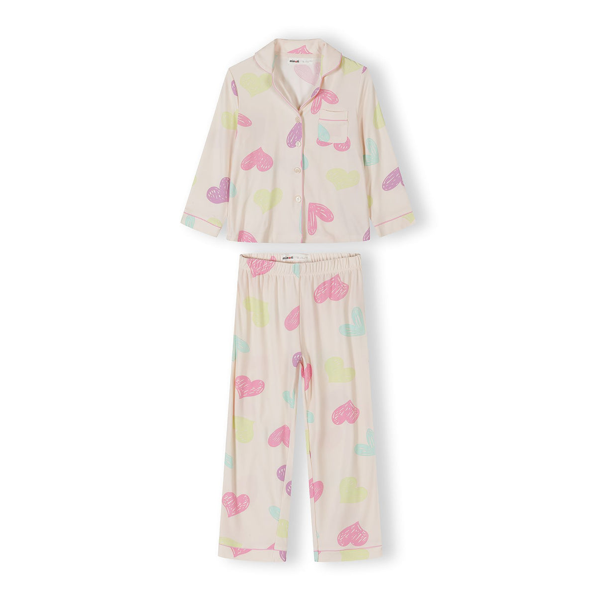 Girls' button front pyjamas in cream, pink, lilac, mint and yellow — complete product view for square Shop card