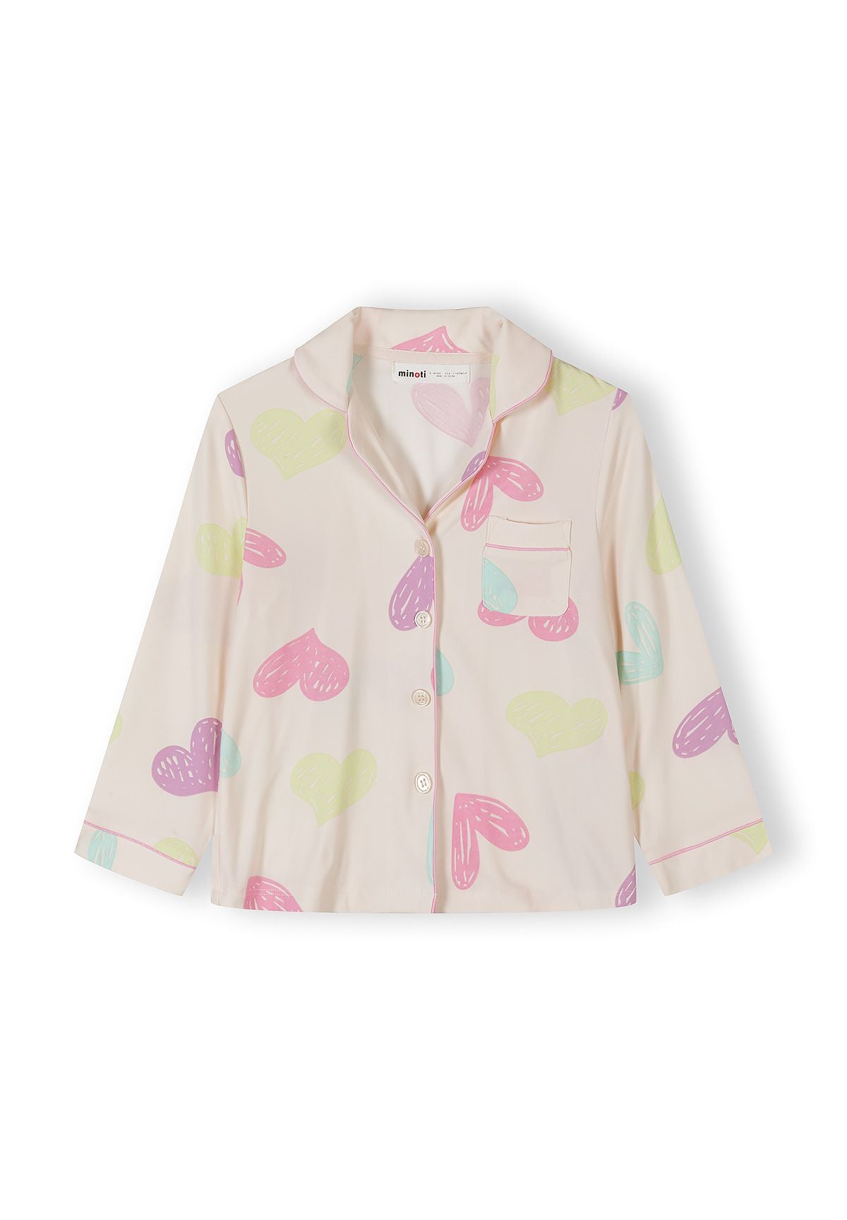 Heart Print Pyjama Set, Pink Cream, Button-Up - 3