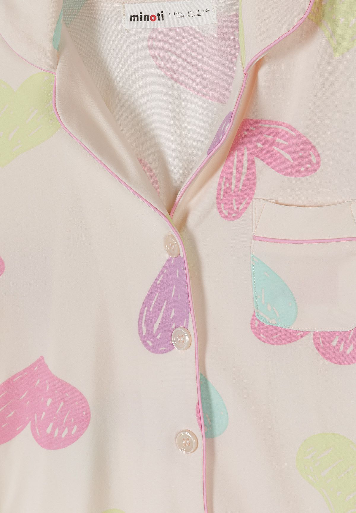 Heart Print Pyjama Set, Pink Cream, Button-Up - 5