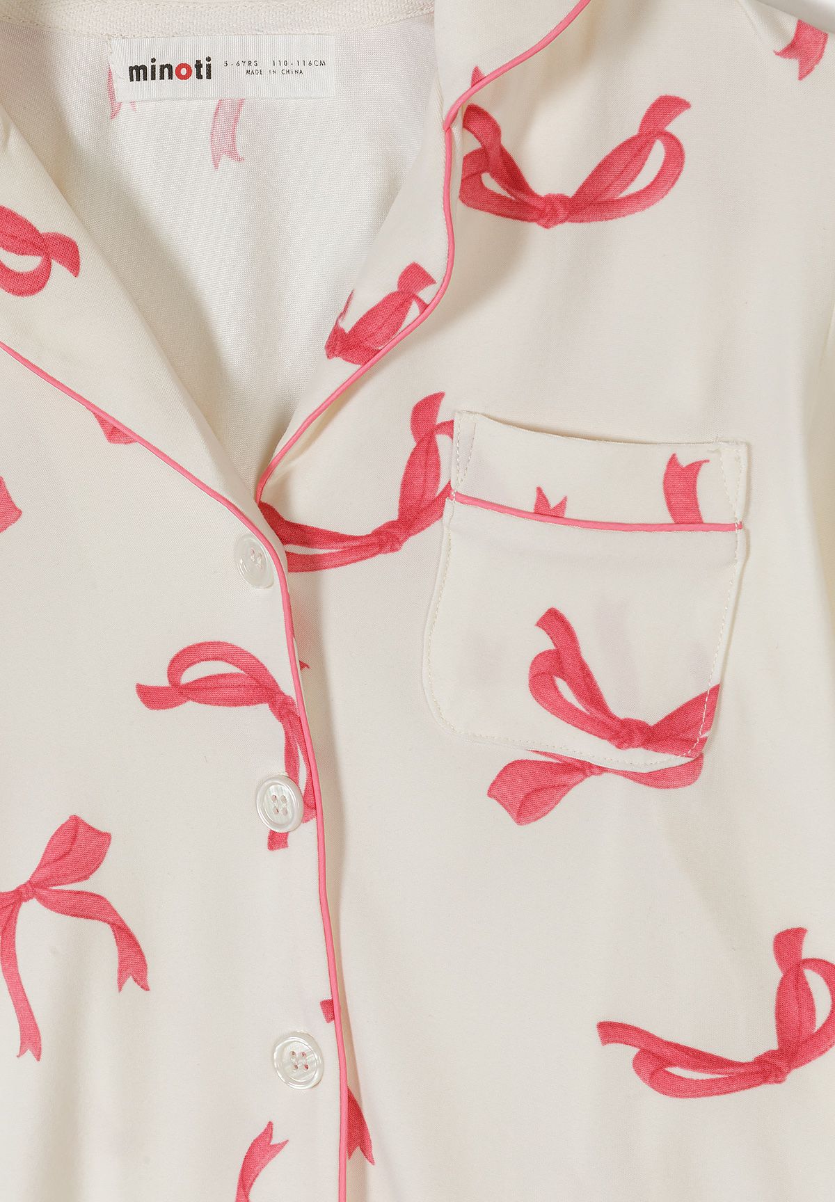 Pyjama Set Long Sleeve, Bow Print, Cream Pink - 5
