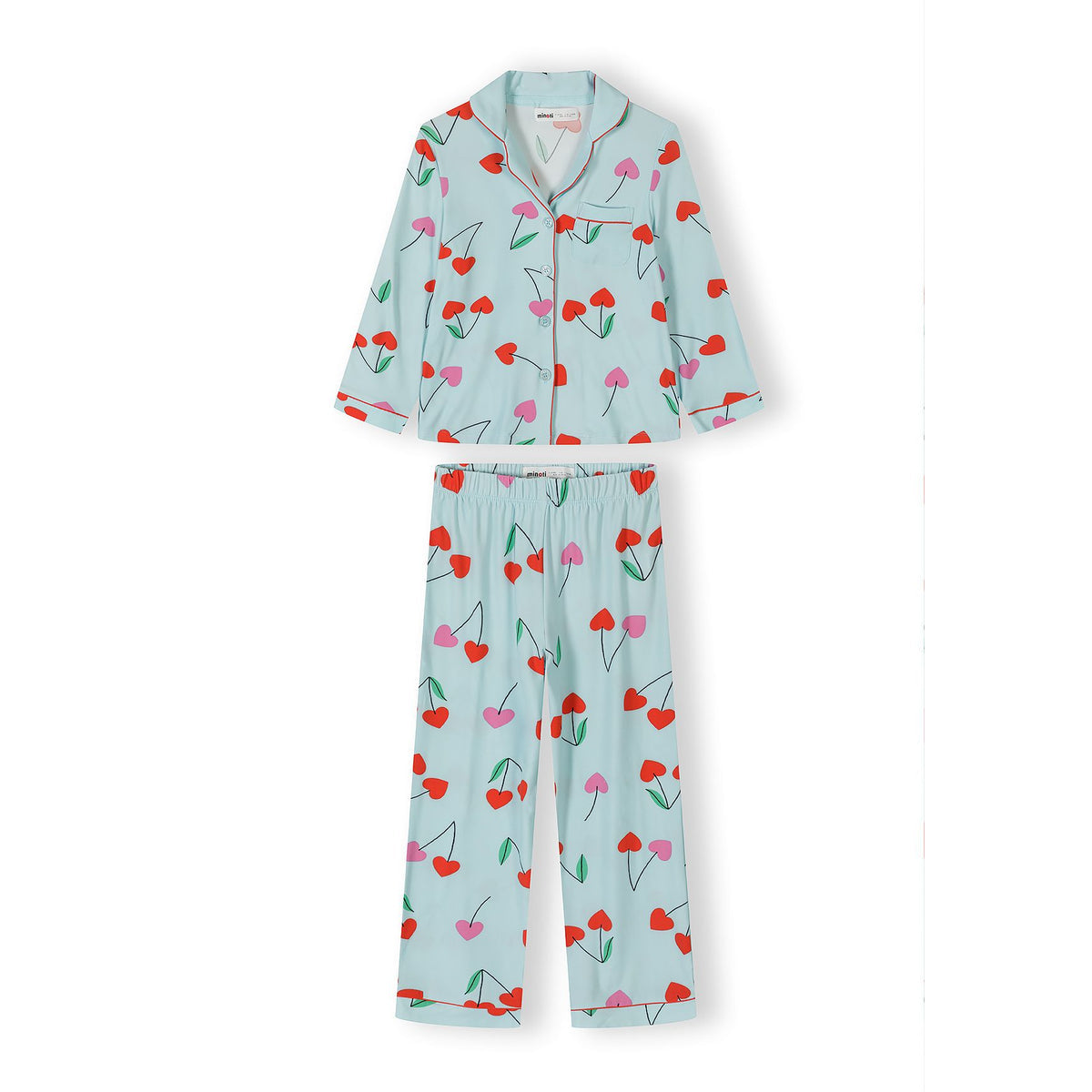 Girls' button front pyjamas in light blue, red and pink — complete product view for square Shop card