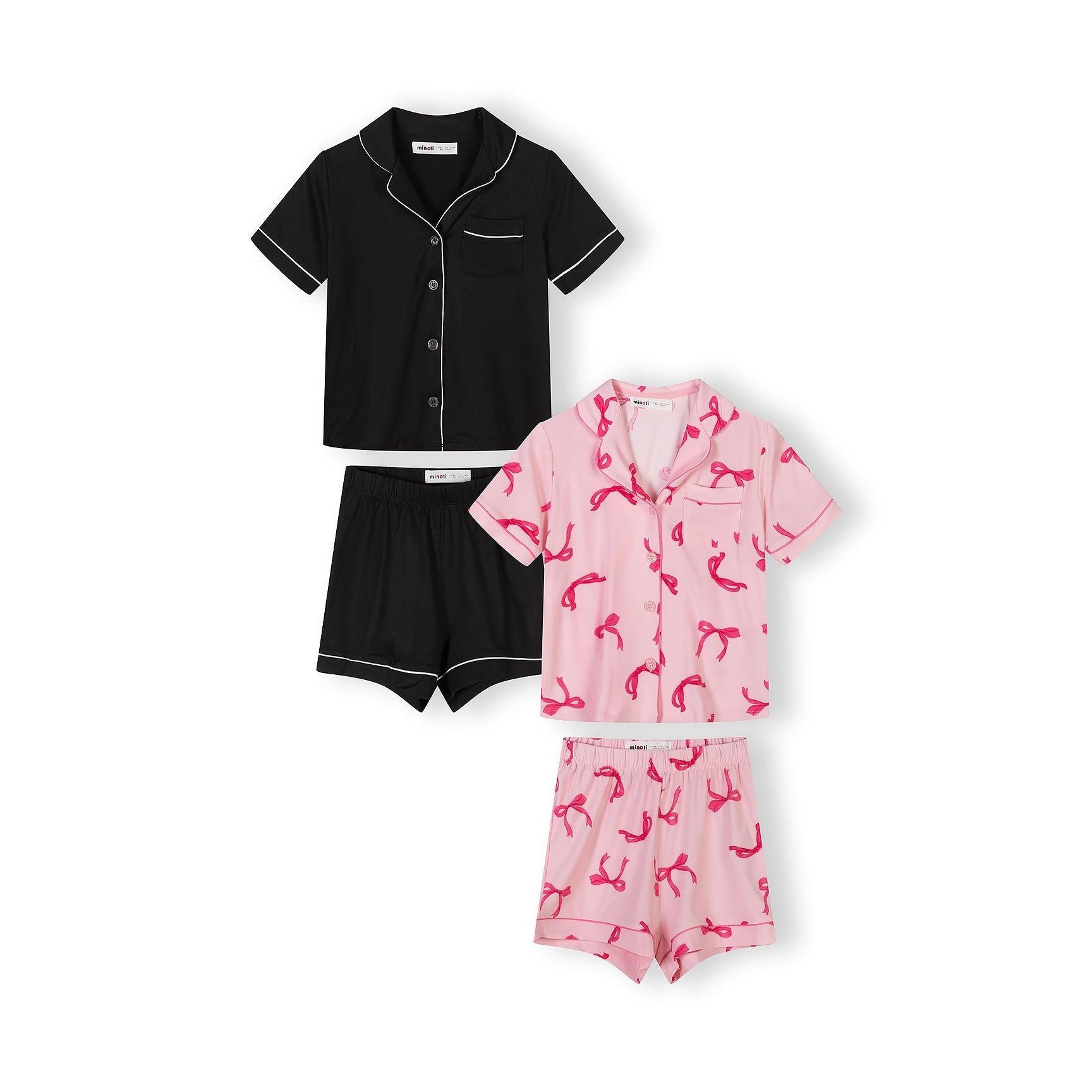 Pink short sleeve pyjama set with bow print laid flat on white background showing matching top and shorts