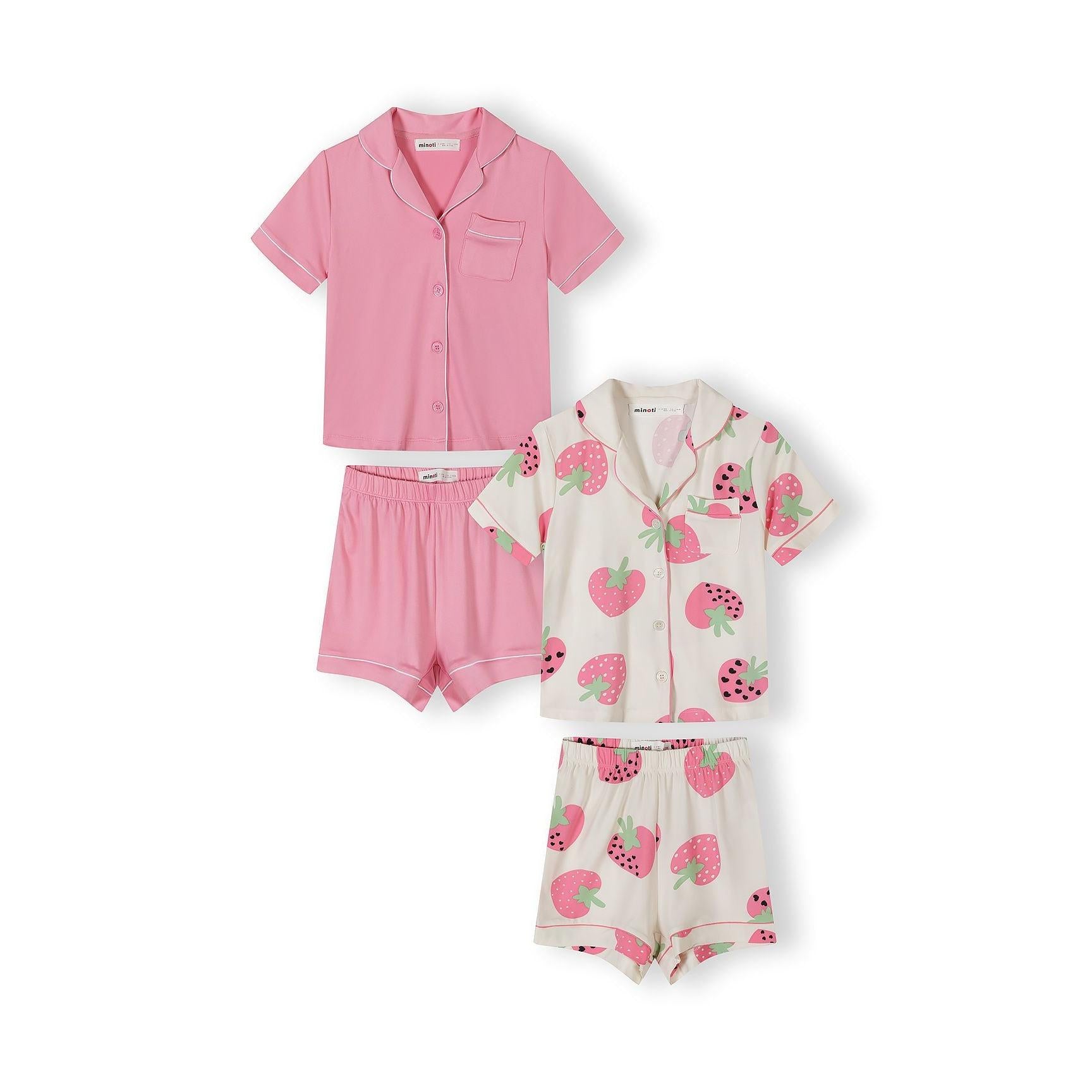 Close-up detail of cream pyjama top showing strawberry print pattern, pink collar trim, chest pocket and button closure with Minoti label visible