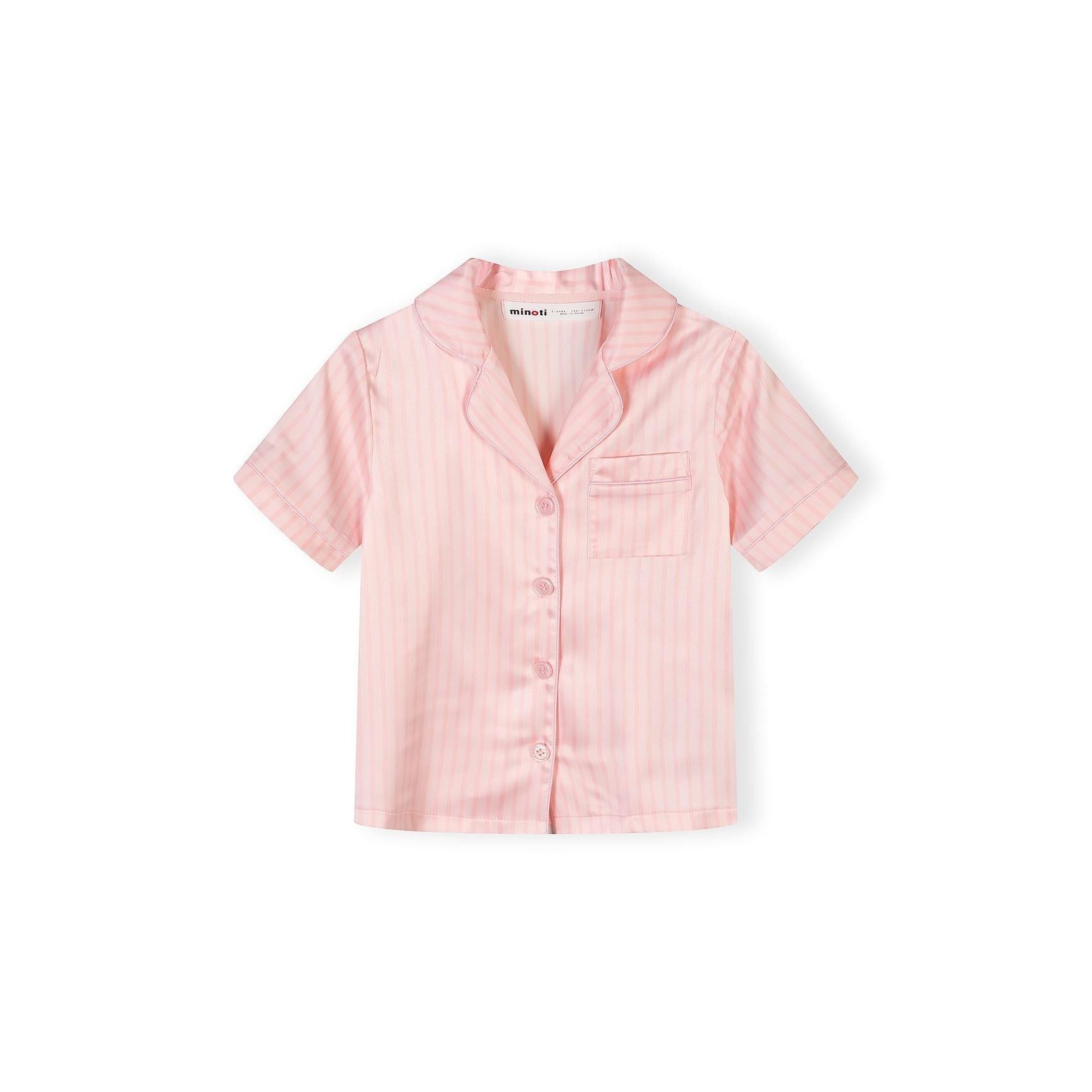 Close-up detail of pink and white striped satin pyjama top showing button front, lapel collar, chest pocket and Minoti label