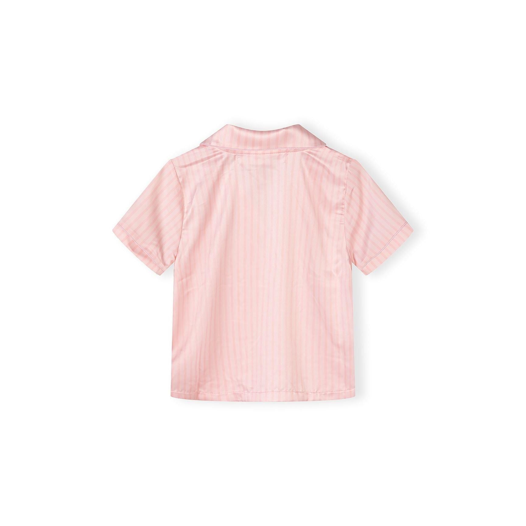 Back view of pink and white striped satin pyjama top showing short sleeves and collar detail on white background