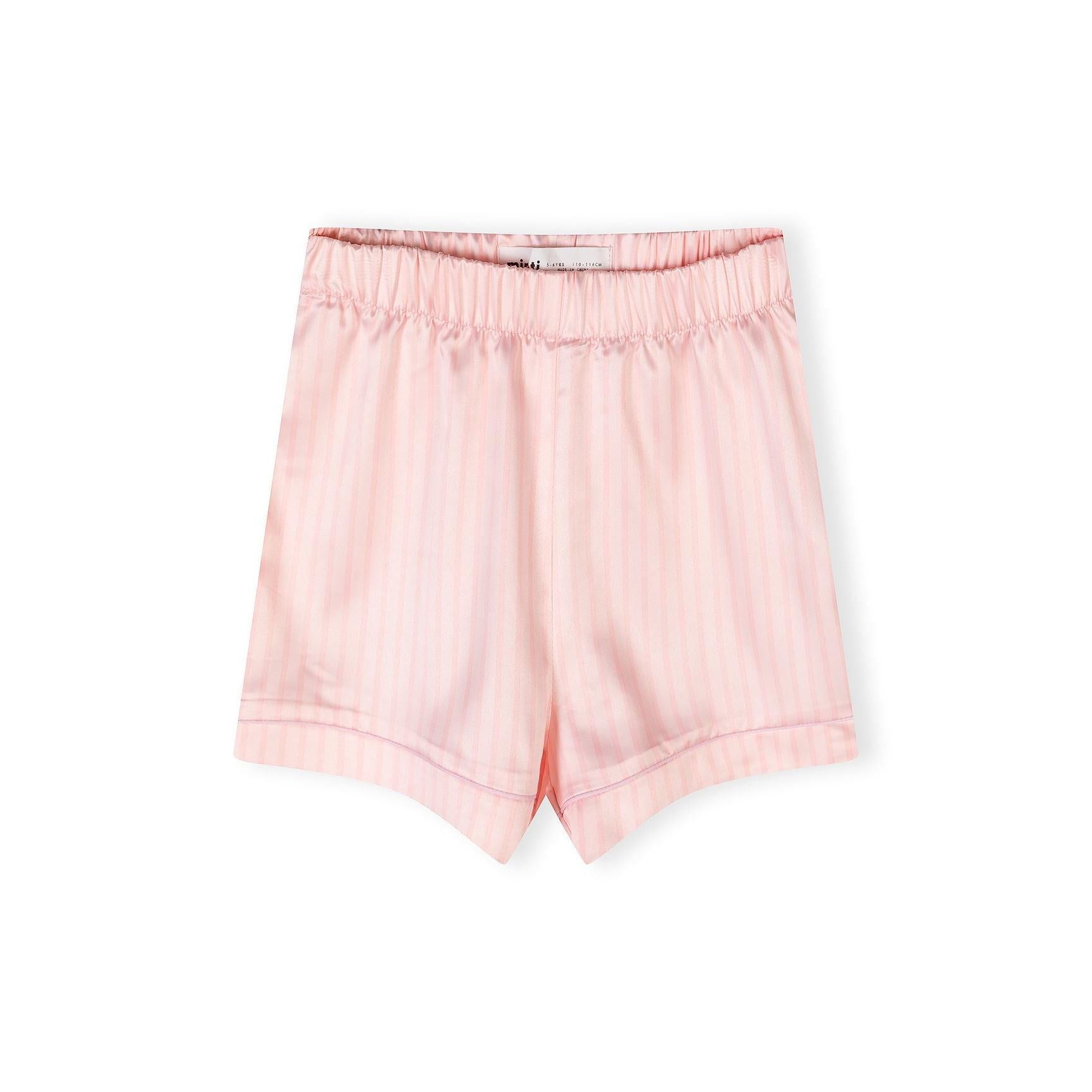 Close-up detail of pink and white striped satin pyjama top showing button front, lapel collar, chest pocket and Minoti label