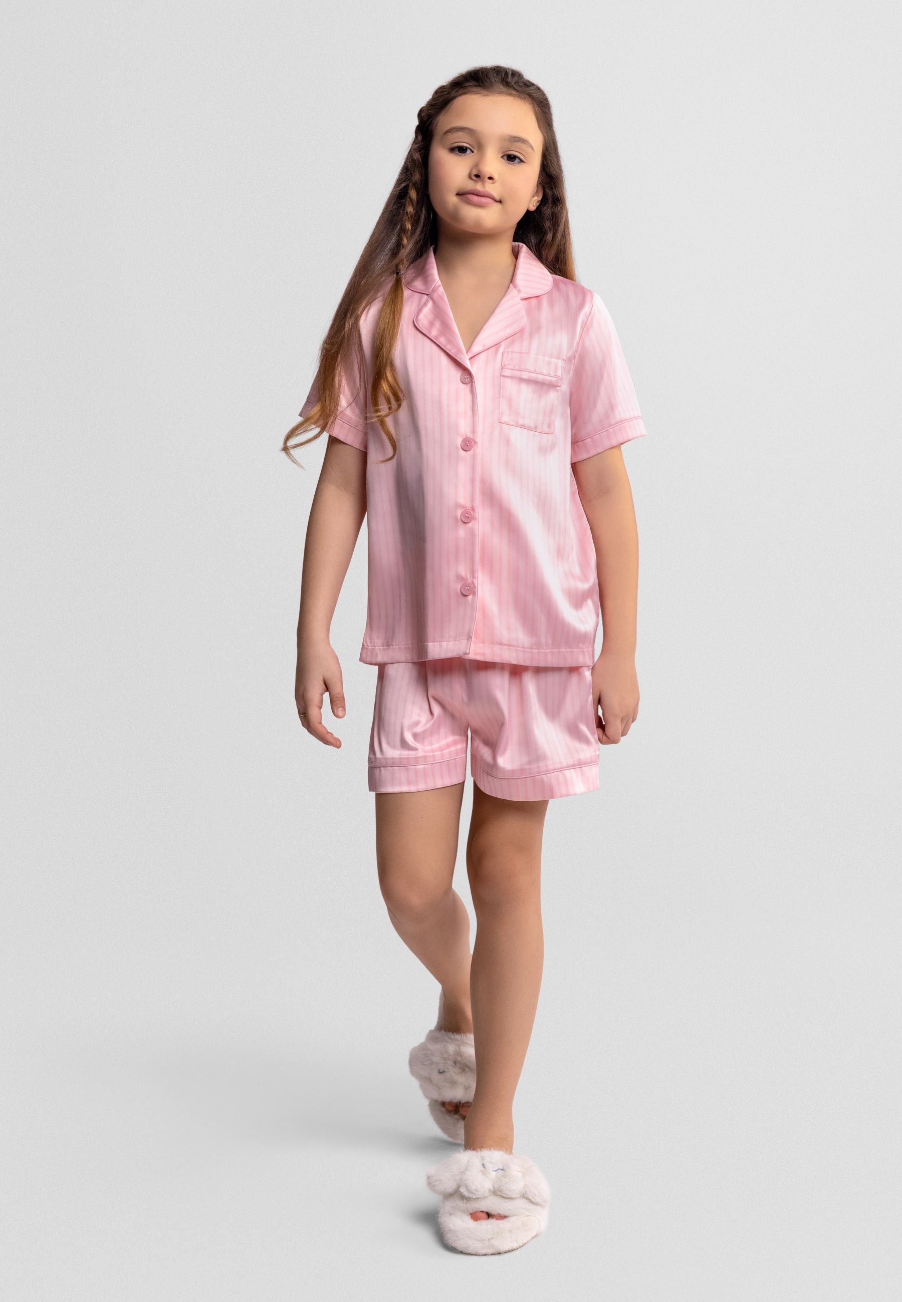 Satin Pyjama Set, Pink White Stripe, Short - 1