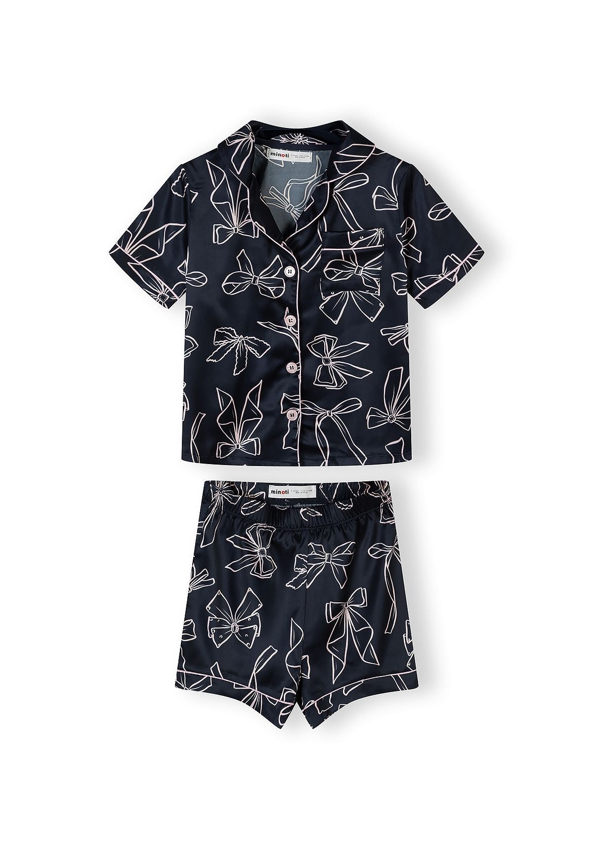 Satin Pyjama Set, Bow Print, Navy - 1